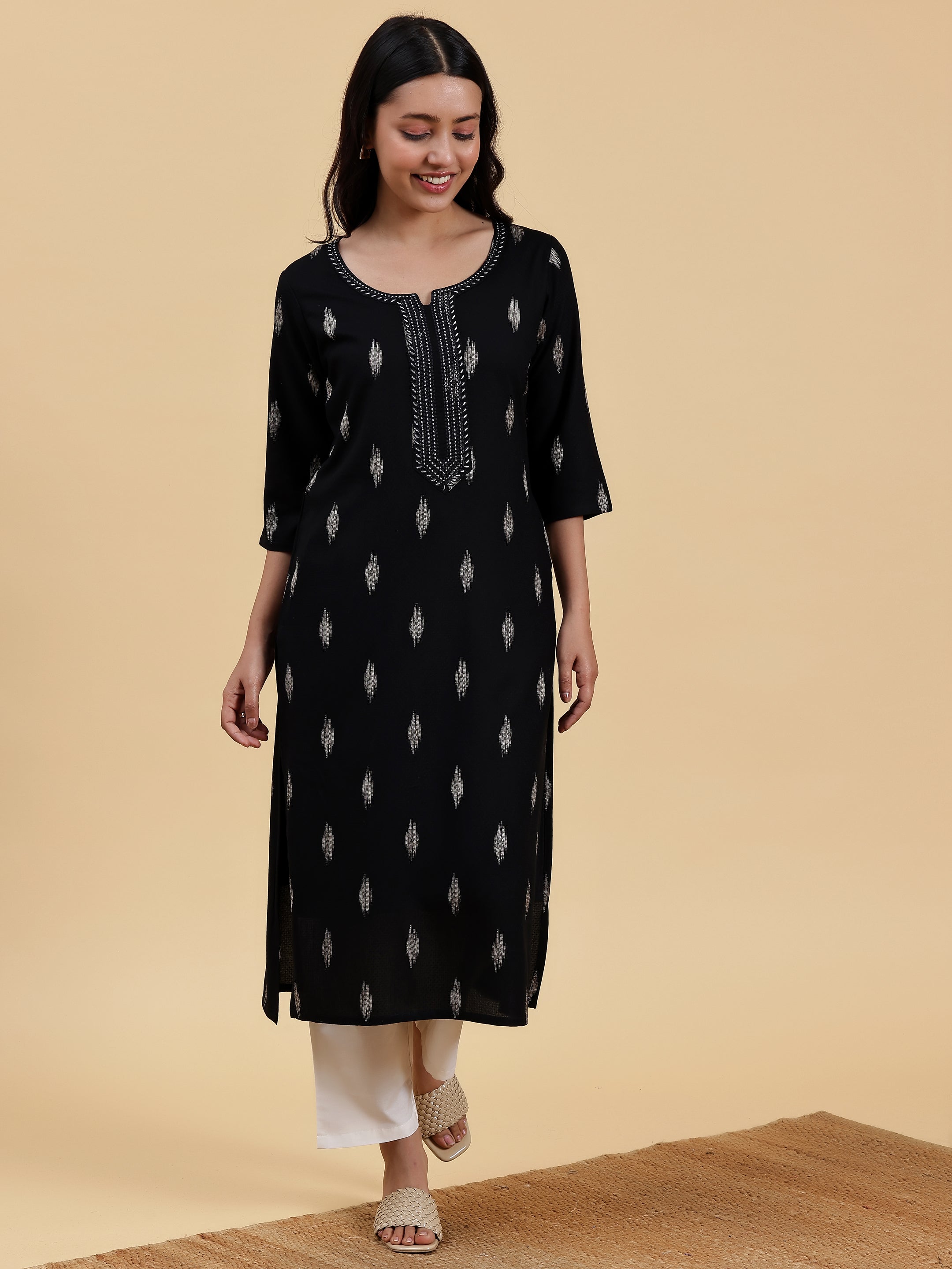 Black Embroidered Rayon Straight Kurta