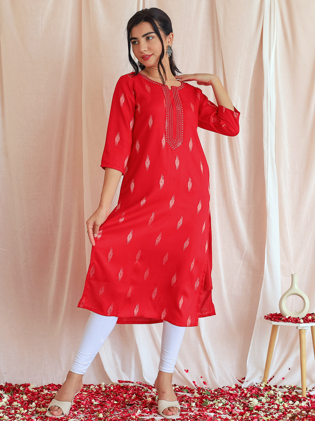 Pink Embroidered Rayon Straight Kurta