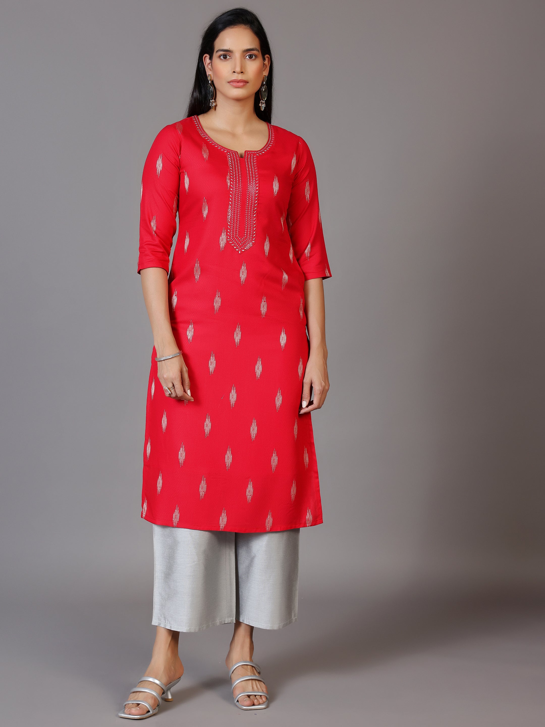 Pink Embroidered Rayon Straight Kurta