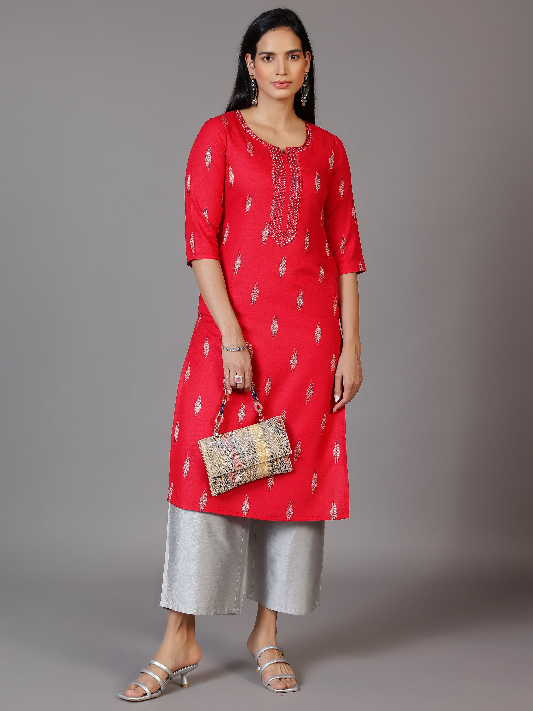 Pink Embroidered Rayon Straight Kurta