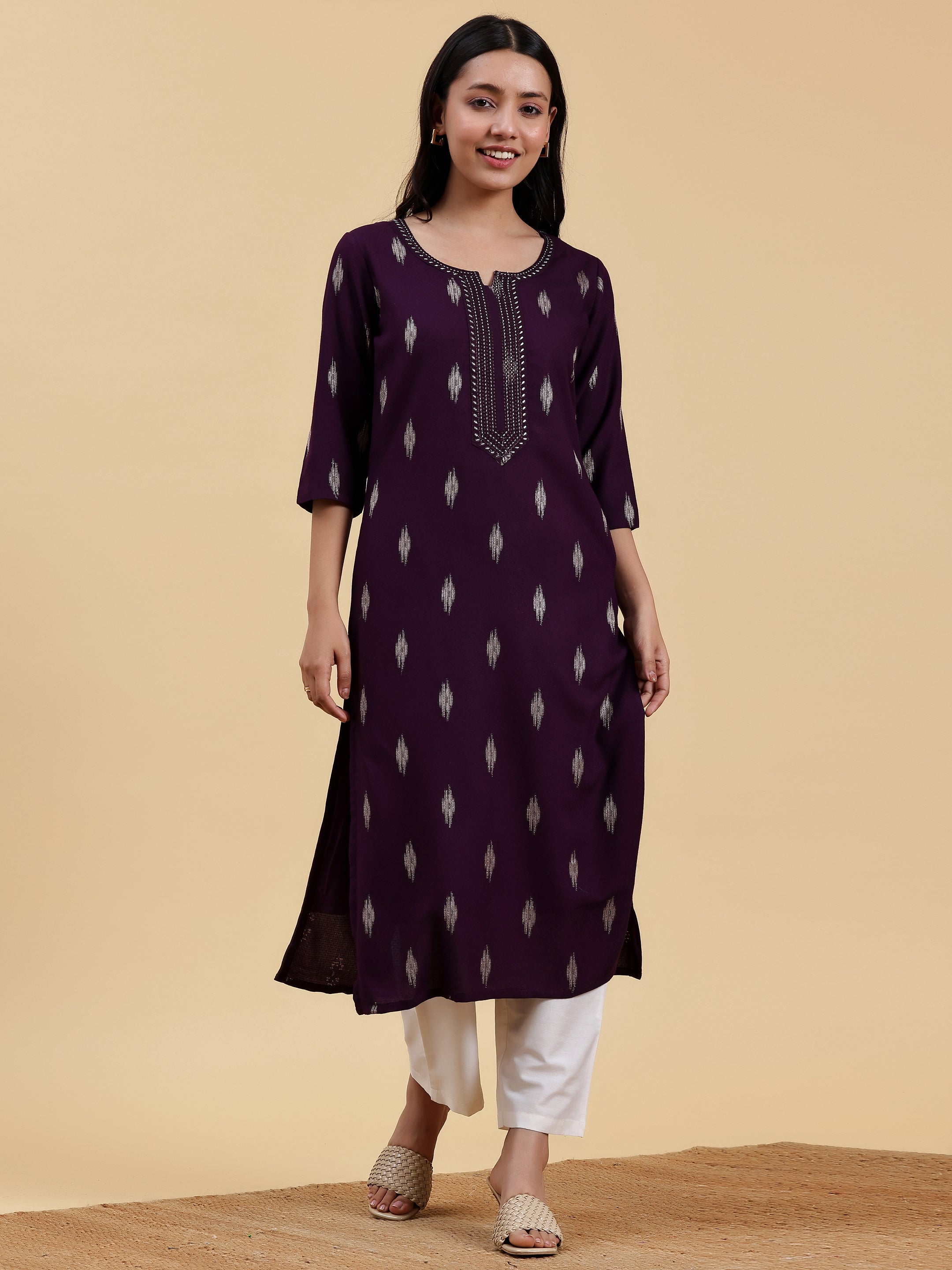 Purple Embroidered Rayon Straight Kurta