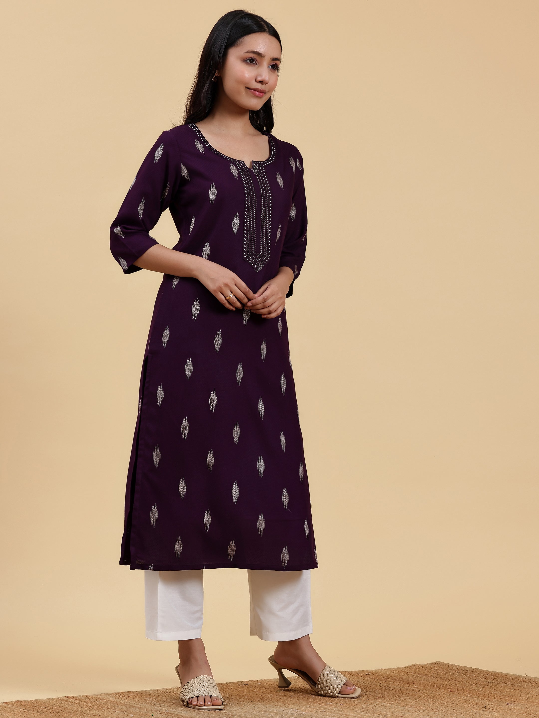 Purple Embroidered Rayon Straight Kurta