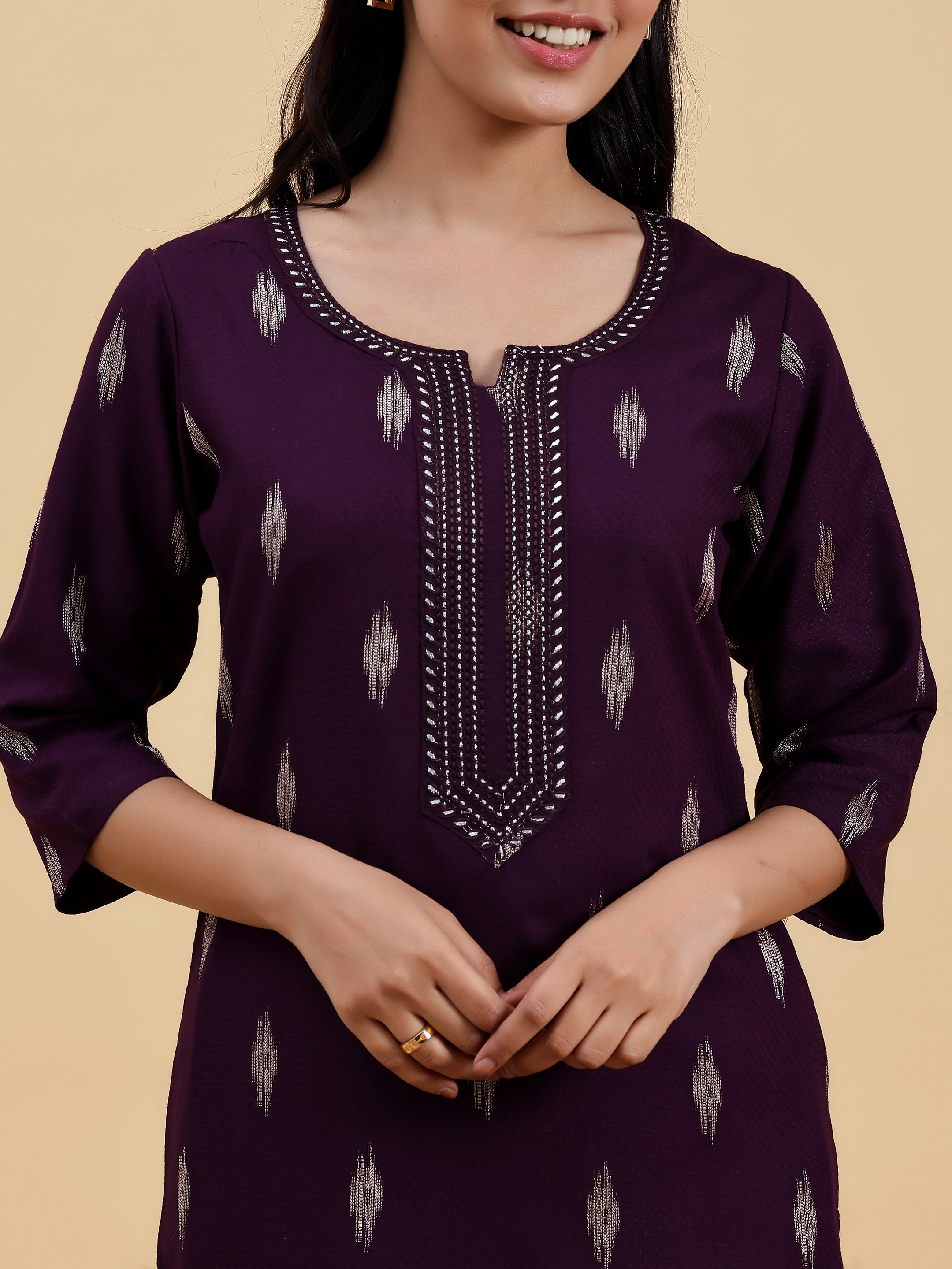 Purple Embroidered Rayon Straight Kurta