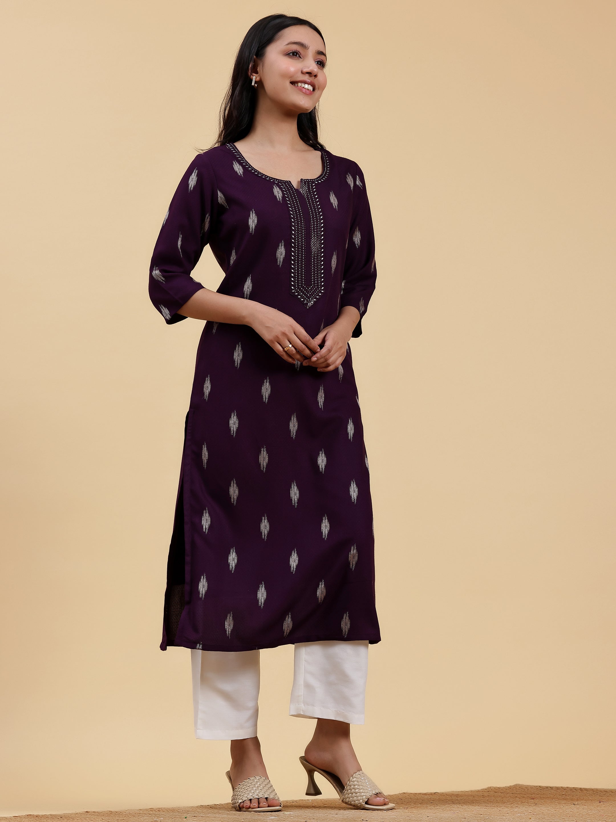 Purple Embroidered Rayon Straight Kurta