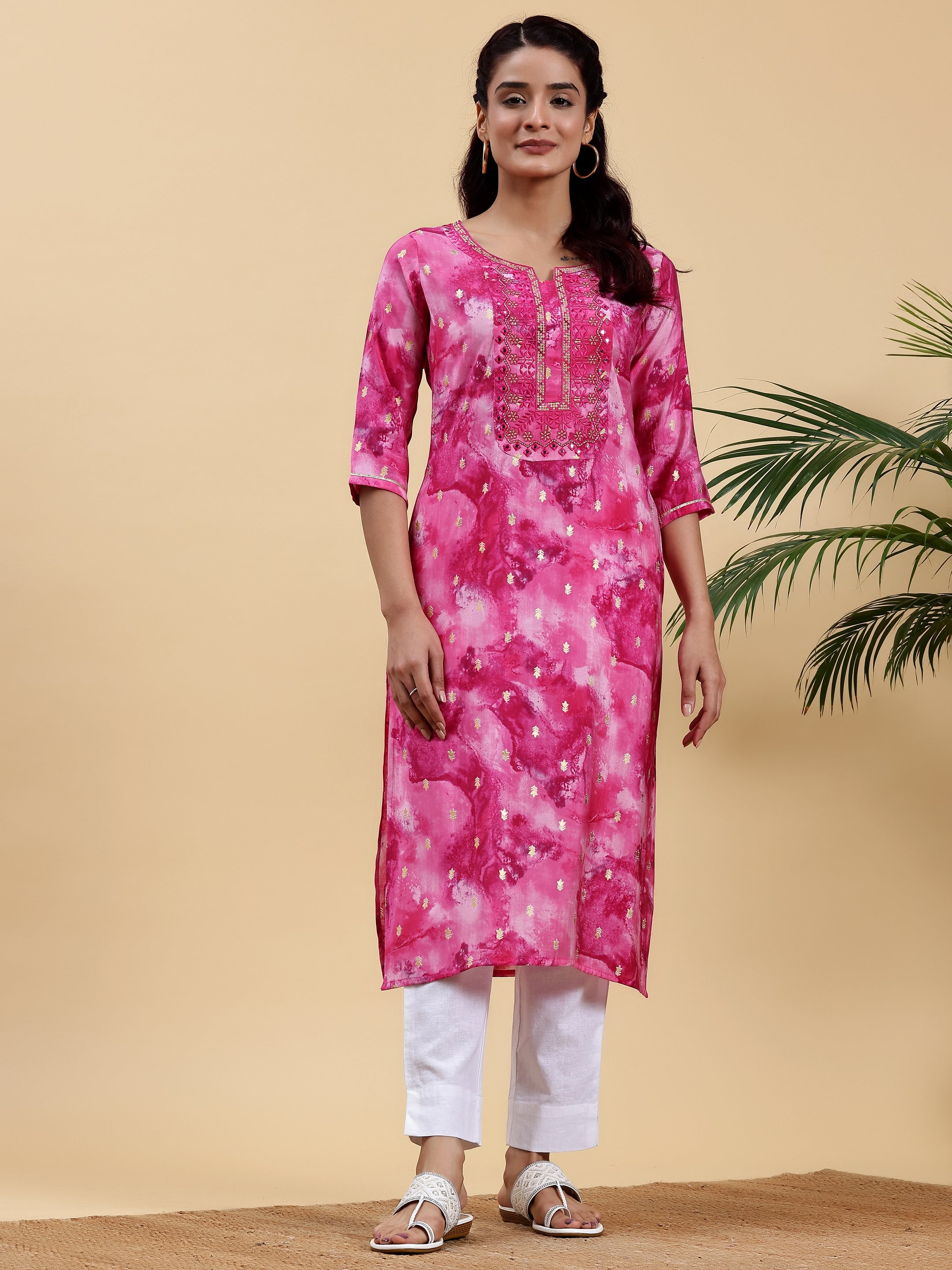 Pink Yoke Design Silk Straight Kurta