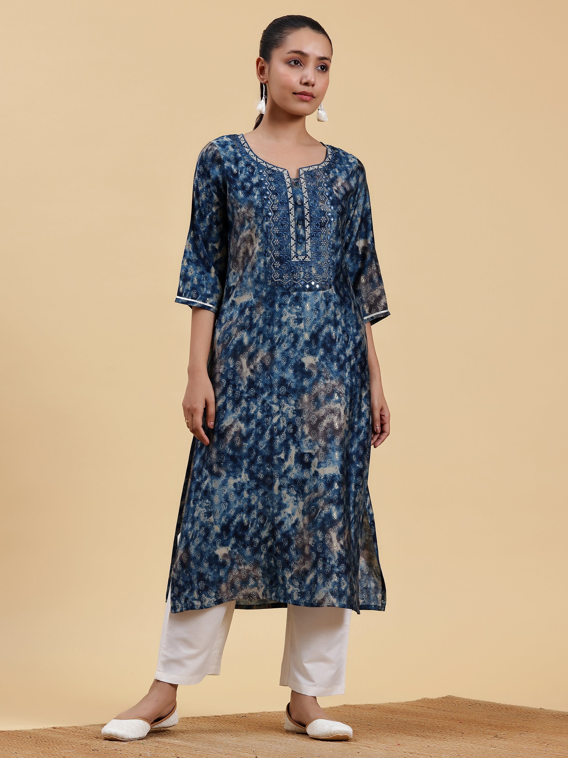 Navy Blue Yoke Design Silk Straight Kurta