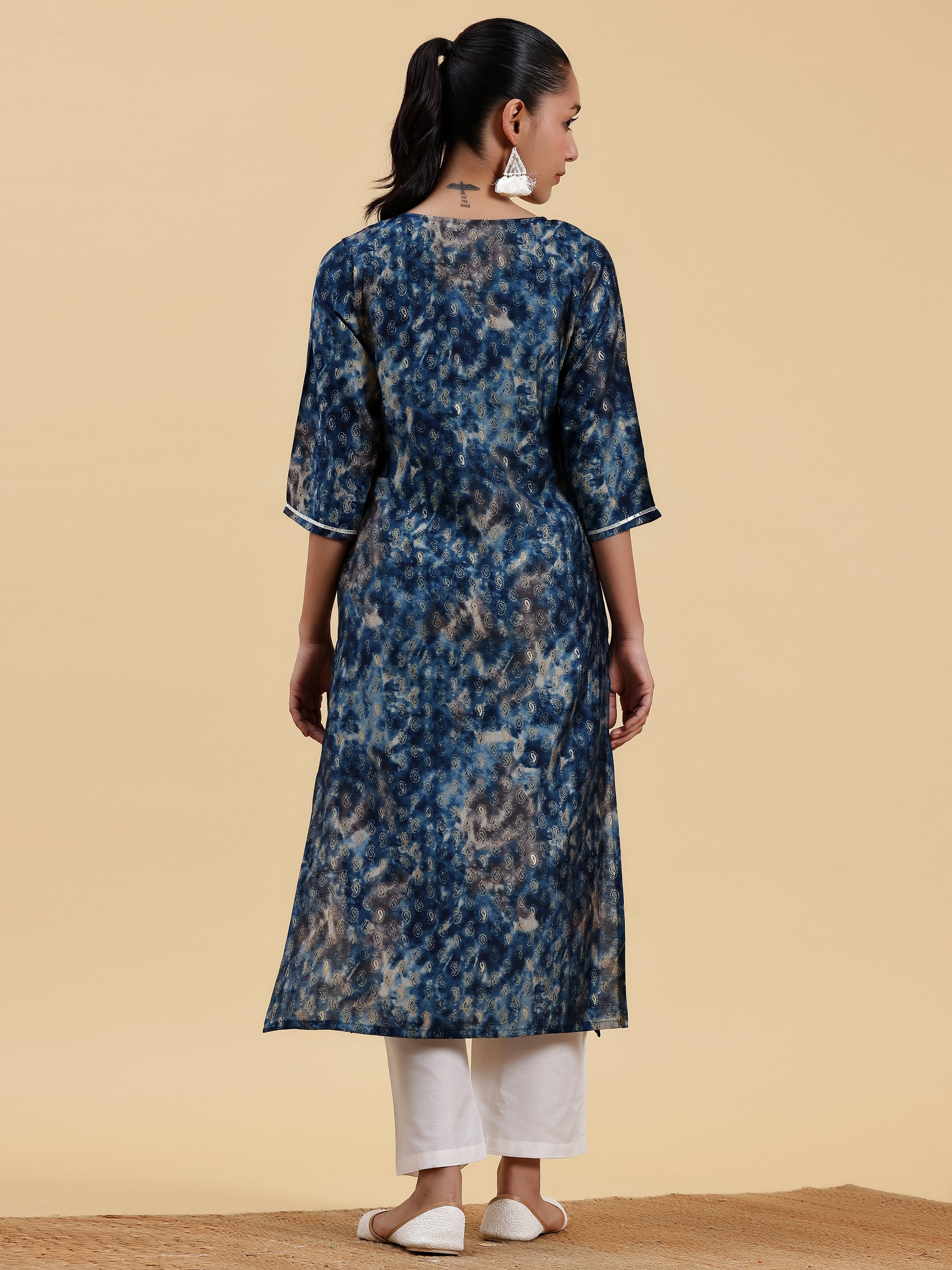 Navy Blue Yoke Design Silk Straight Kurta