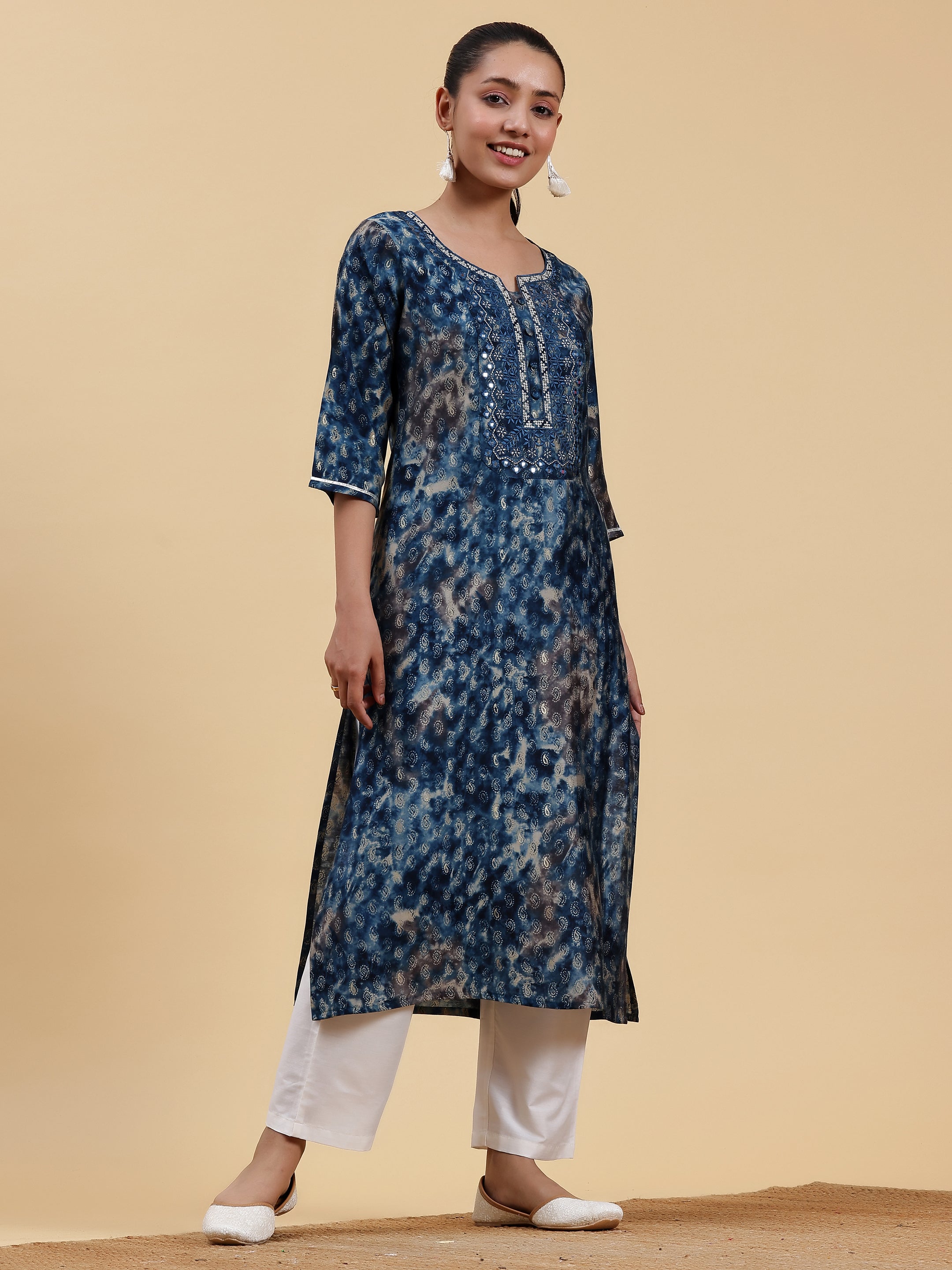 Navy Blue Yoke Design Silk Straight Kurta