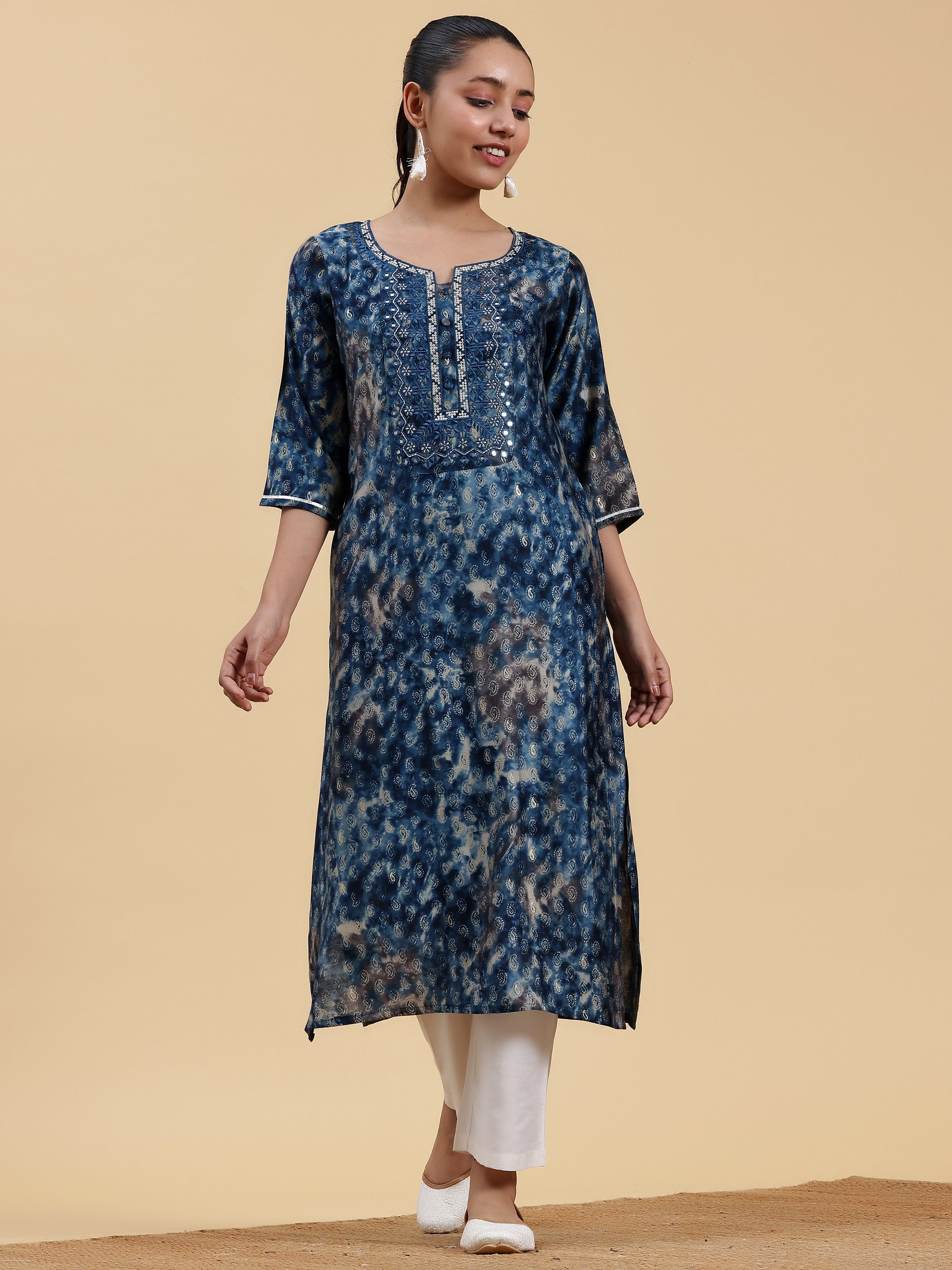 Navy Blue Yoke Design Silk Straight Kurta