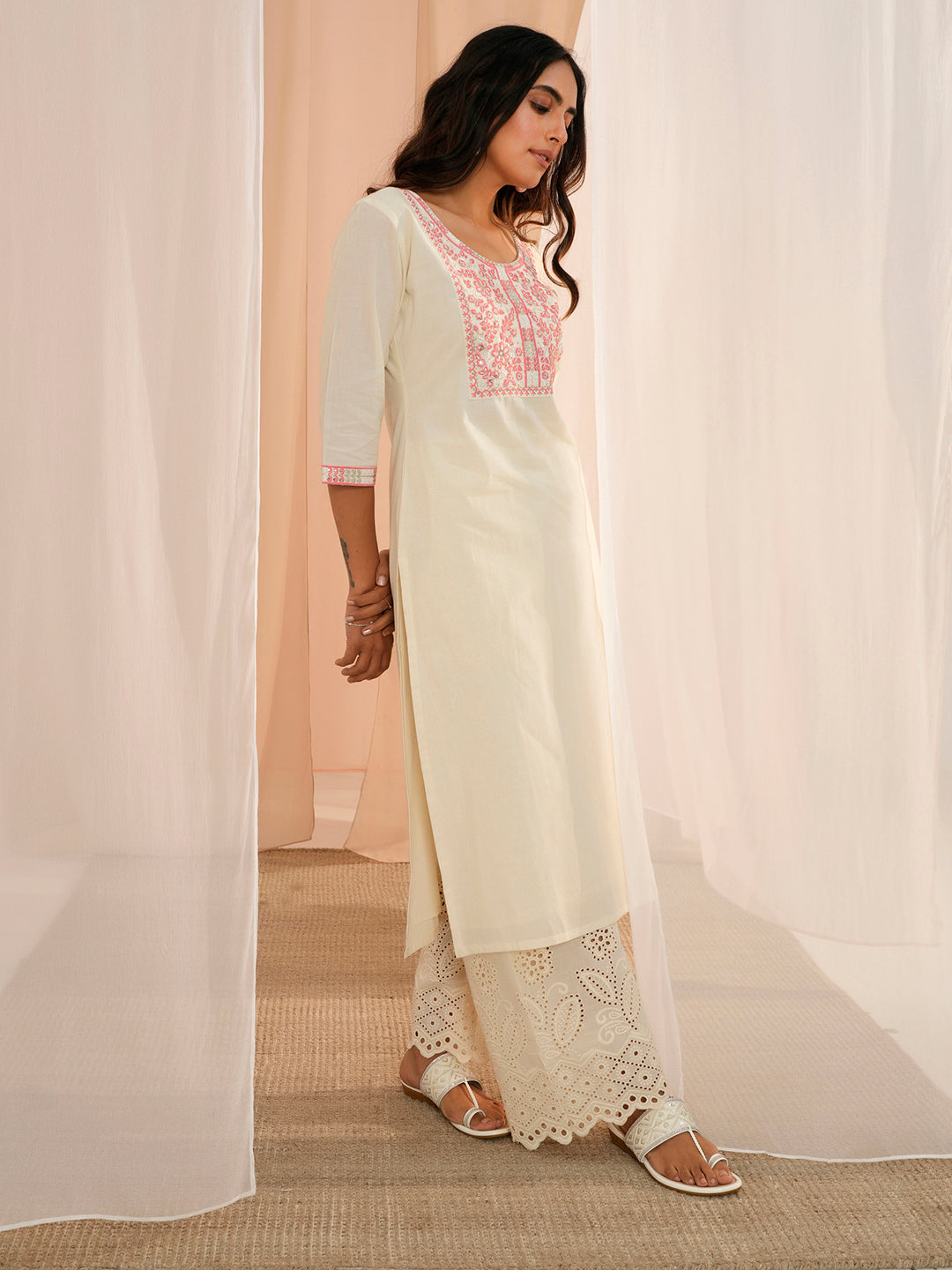 Off White Yoke Design Cotton Straight Kurta