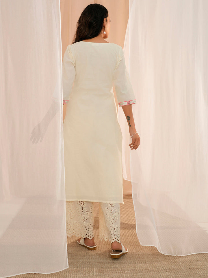 Off White Yoke Design Cotton Straight Kurta