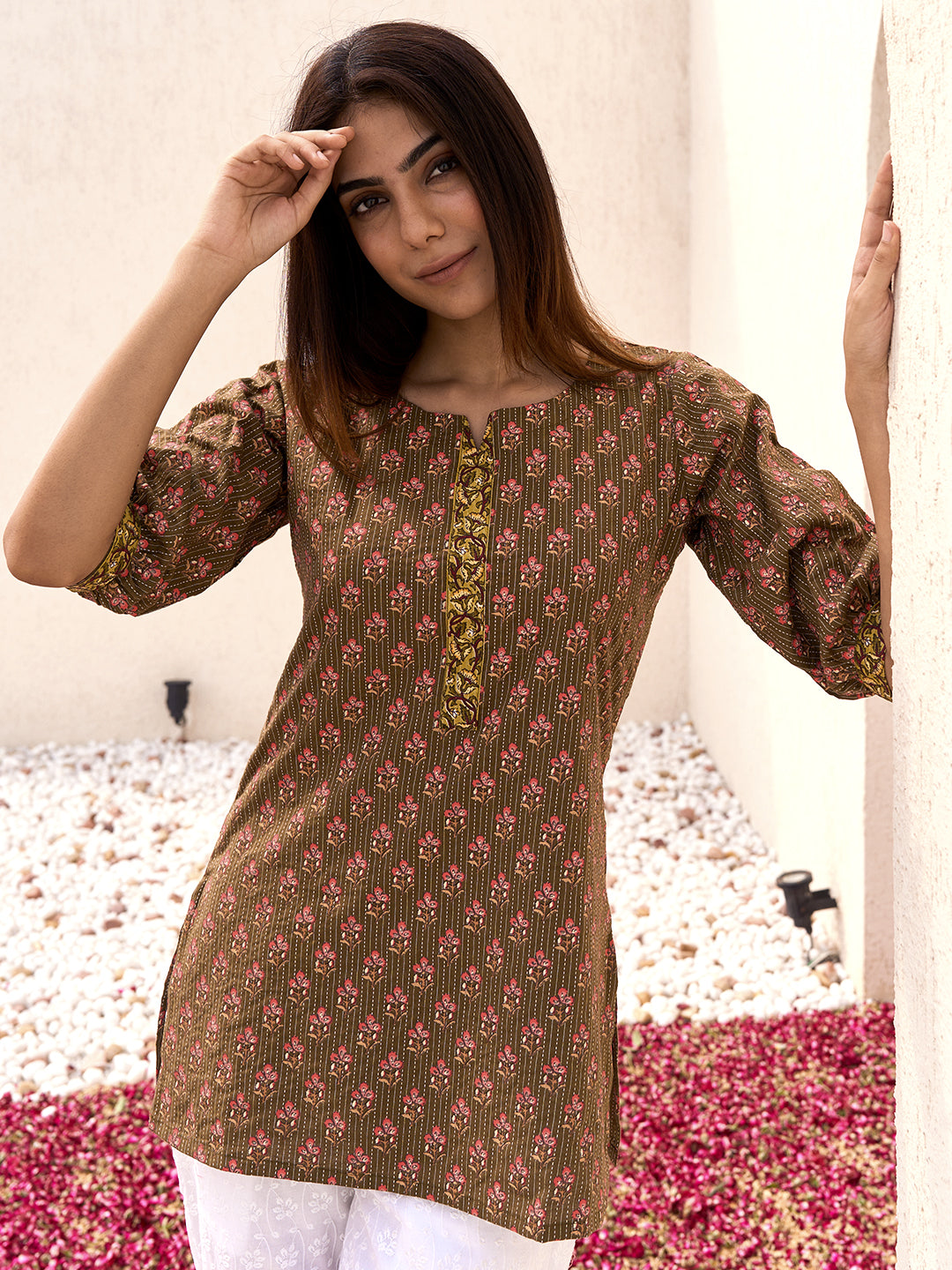 Olive Printed Cotton Straight Kurti