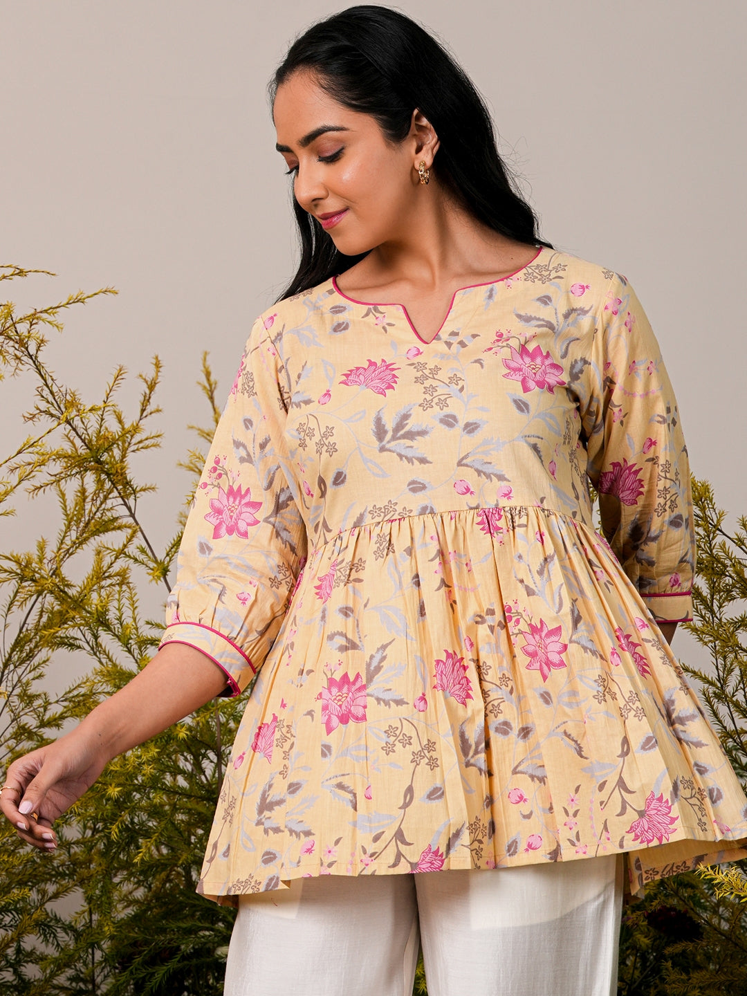 Yellow Printed Cotton A-Line Kurti