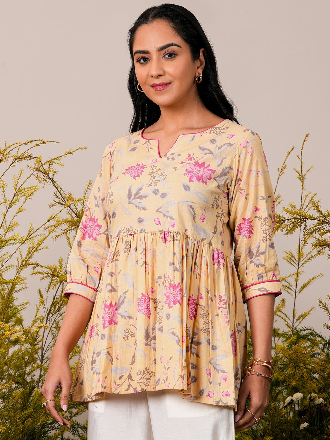 Yellow Printed Cotton A-Line Kurti