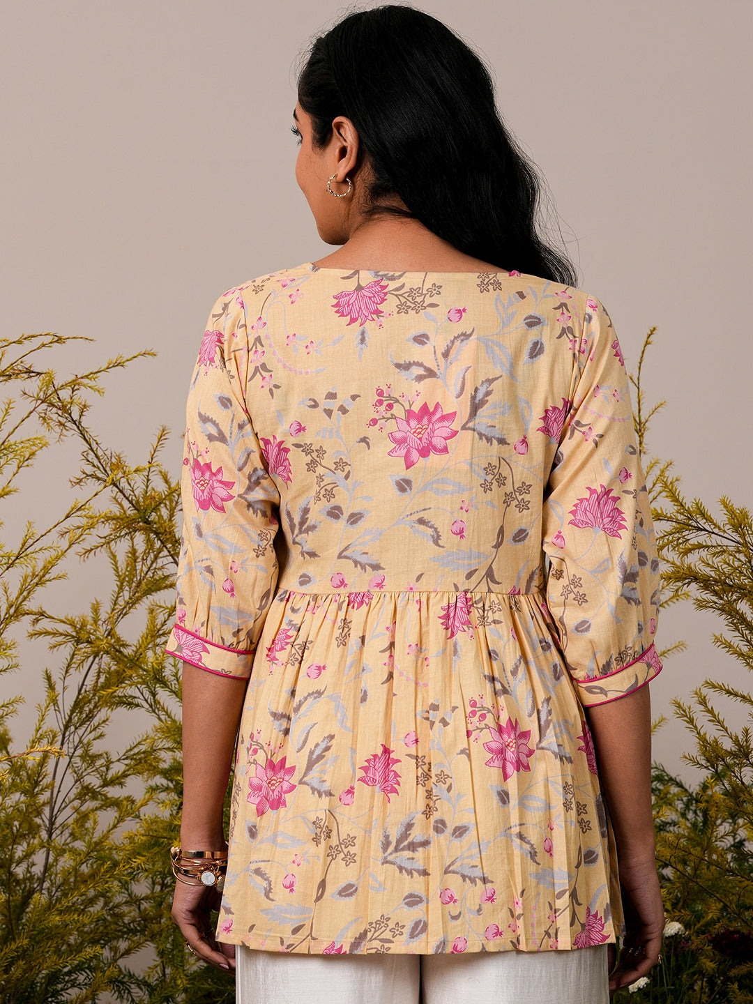 Yellow Printed Cotton A-Line Kurti