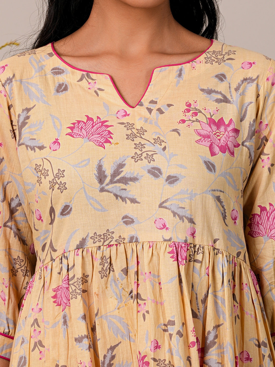 Yellow Printed Cotton A-Line Kurti