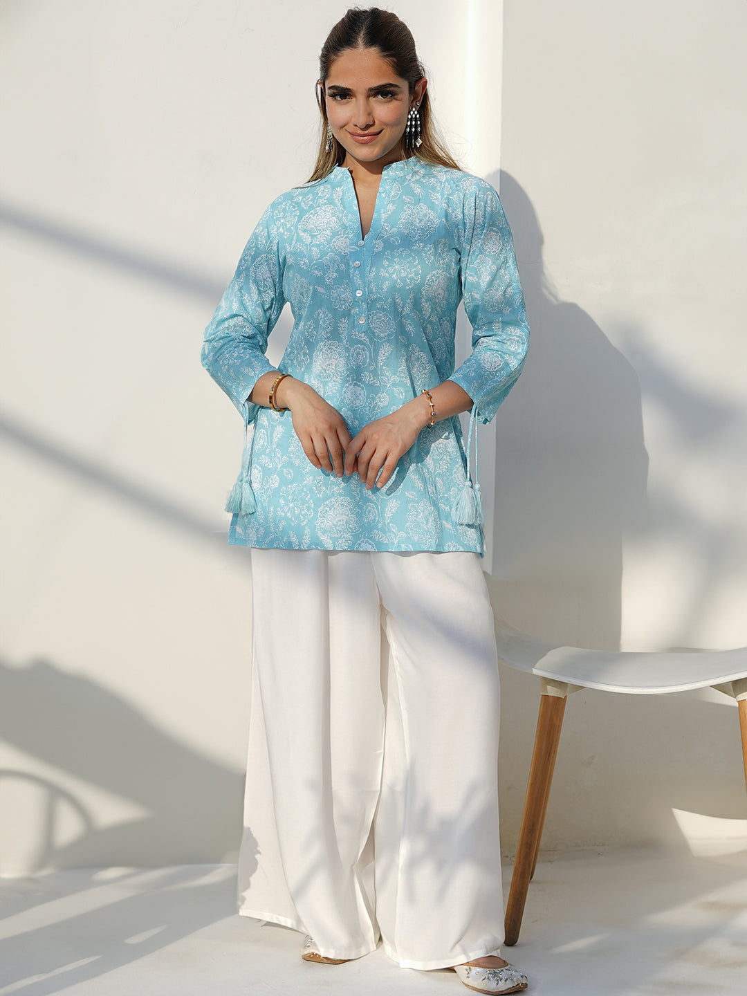 Blue Printed Cotton Straight Kurti