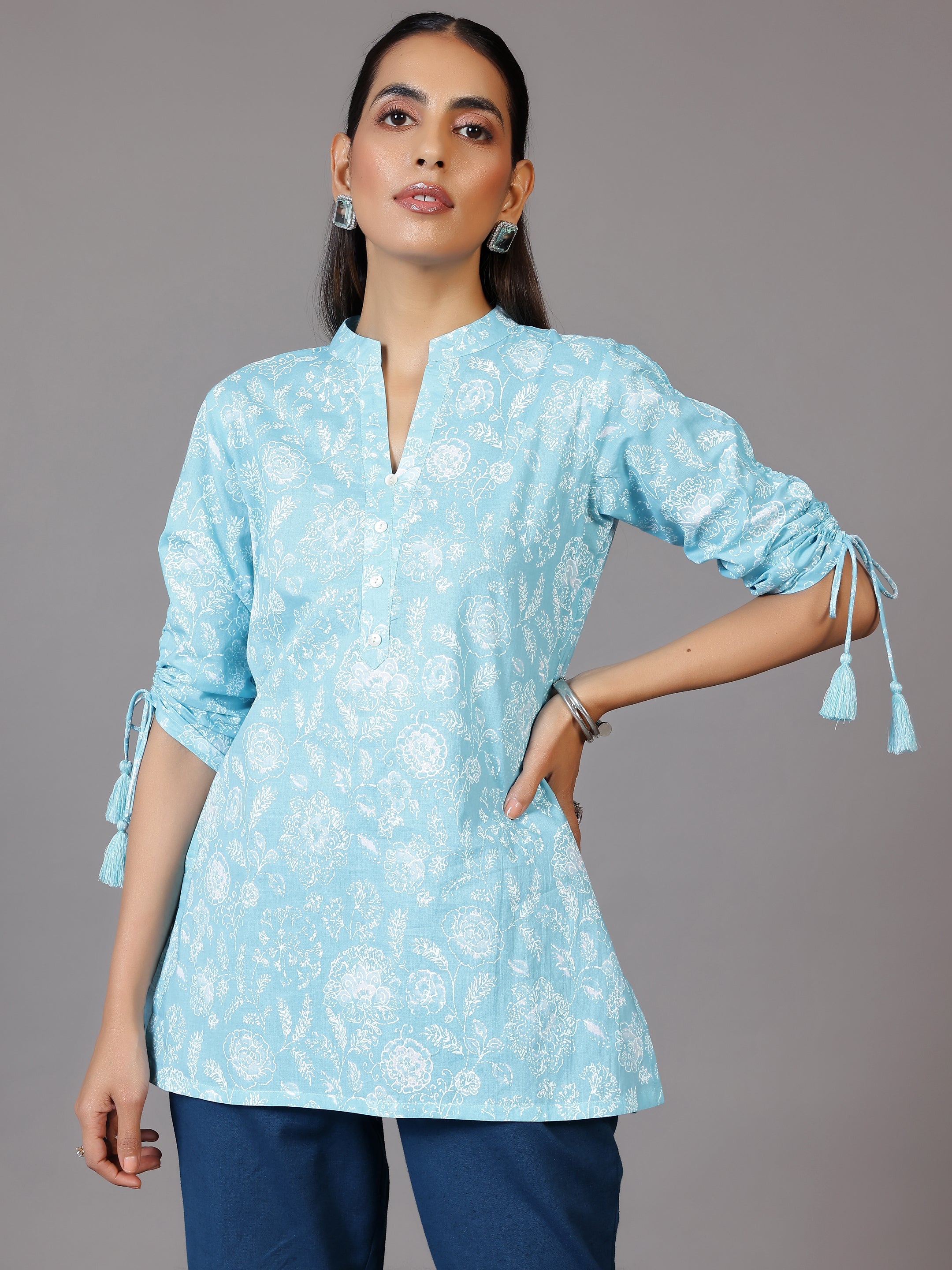 Blue Printed Cotton Straight Kurti