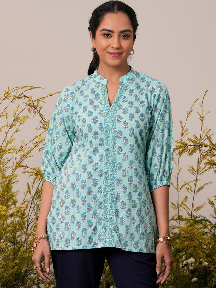 Blue Printed Cotton Straight Kurti - ShopLibas