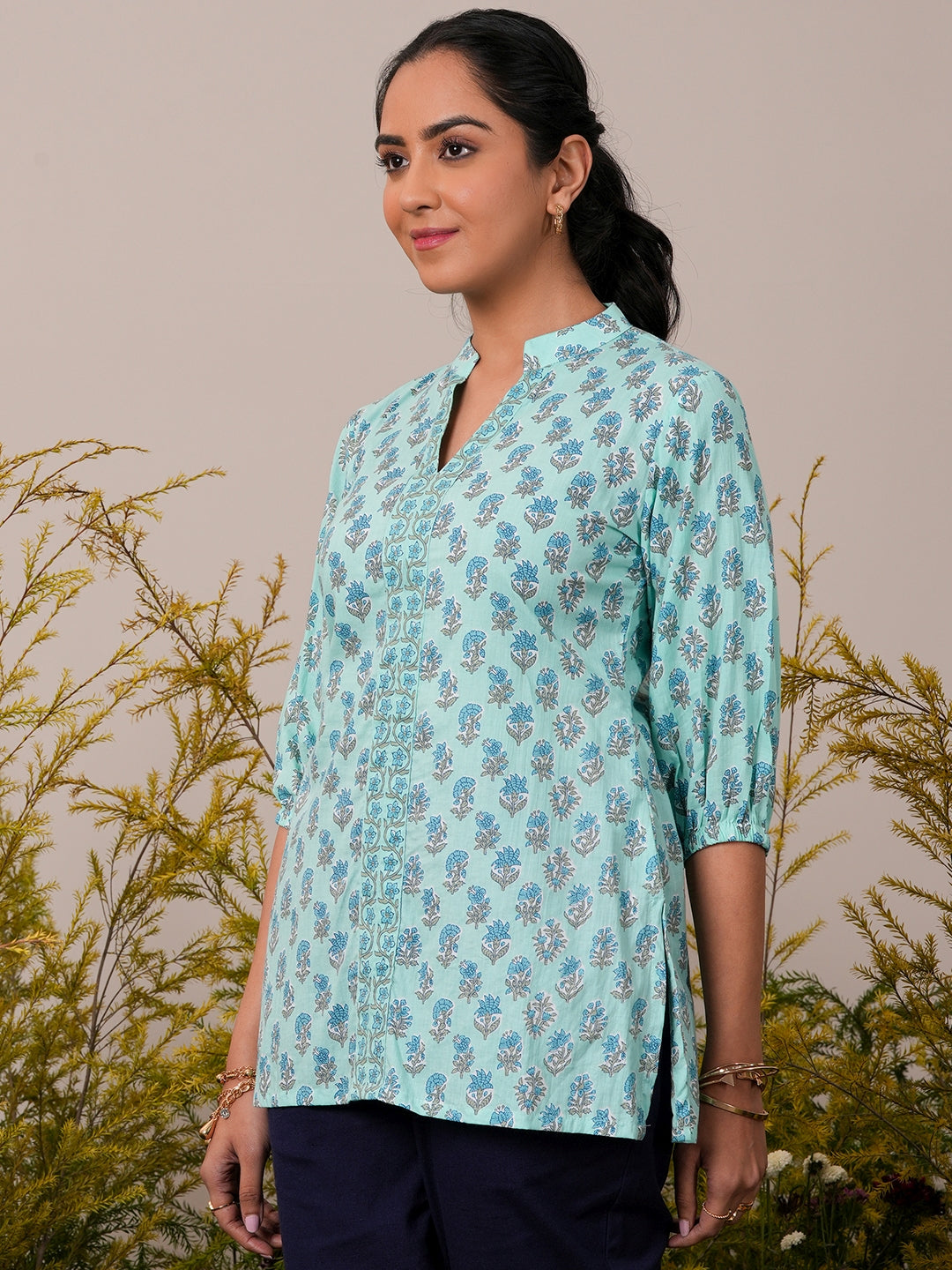 Blue Printed Cotton Straight Kurti - ShopLibas