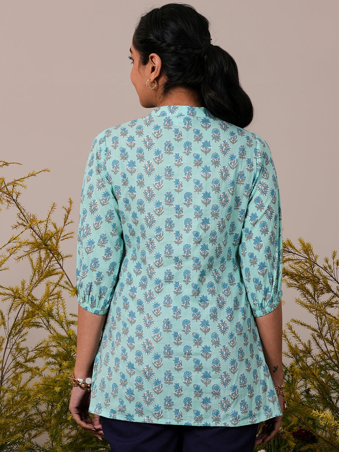 Blue Printed Cotton Straight Kurti