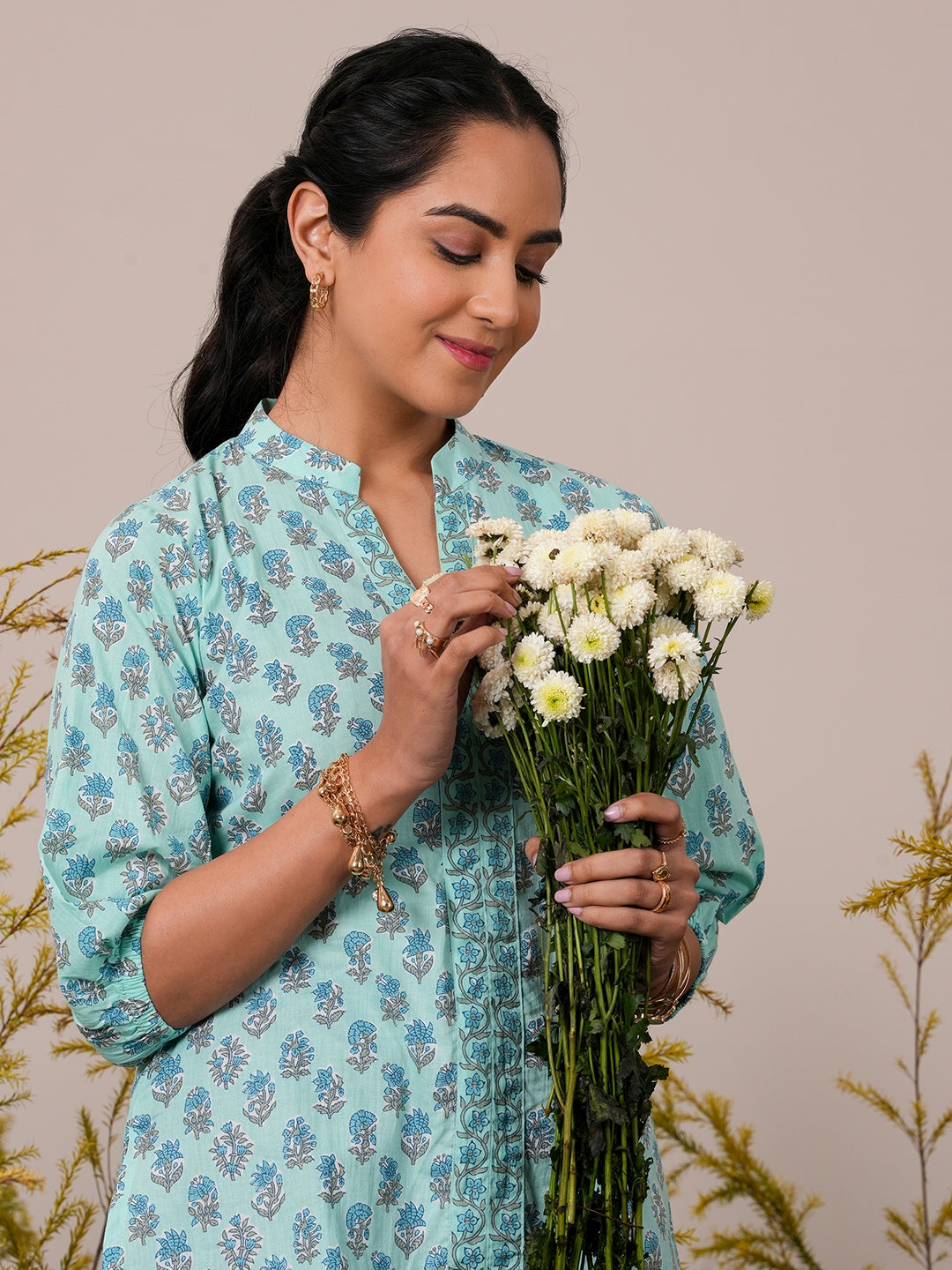 Blue Printed Cotton Straight Kurti