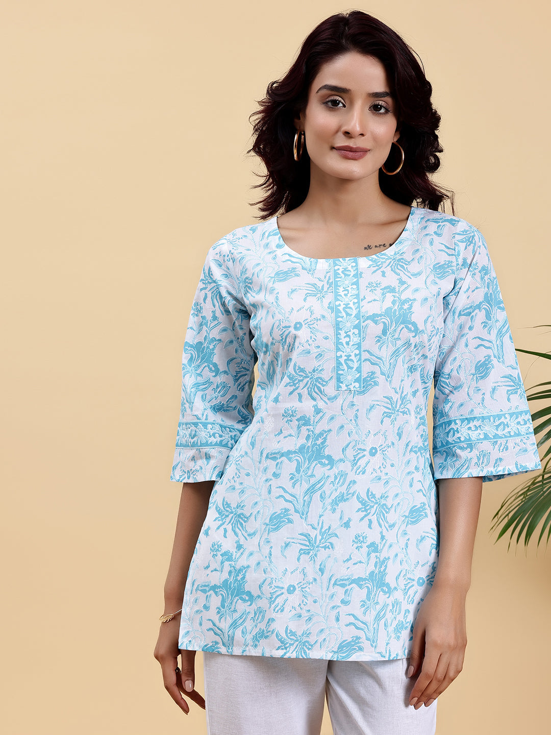 White Printed Cotton Straight Kurti