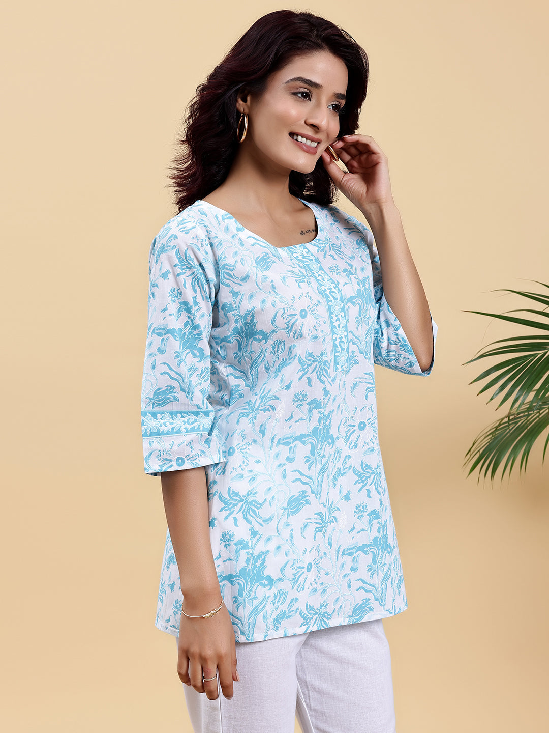 White Printed Cotton Straight Kurti