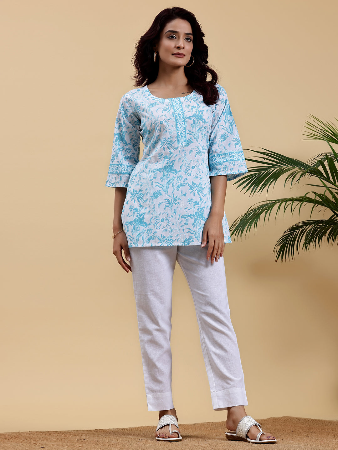 White Printed Cotton Straight Kurti