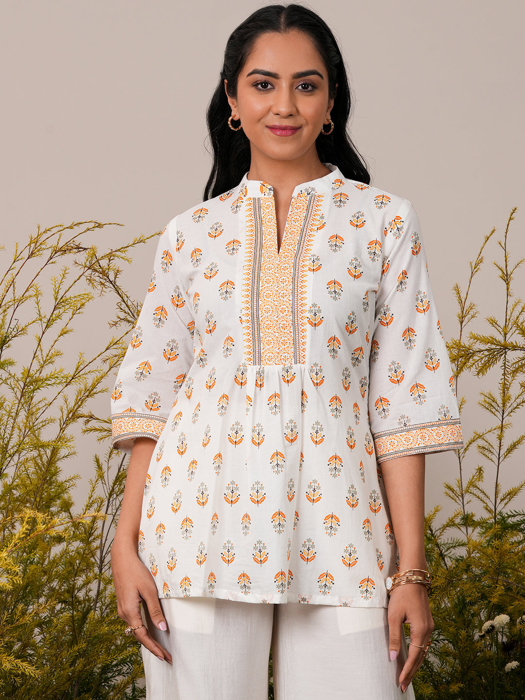 White Printed Cotton Straight Kurti - ShopLibas