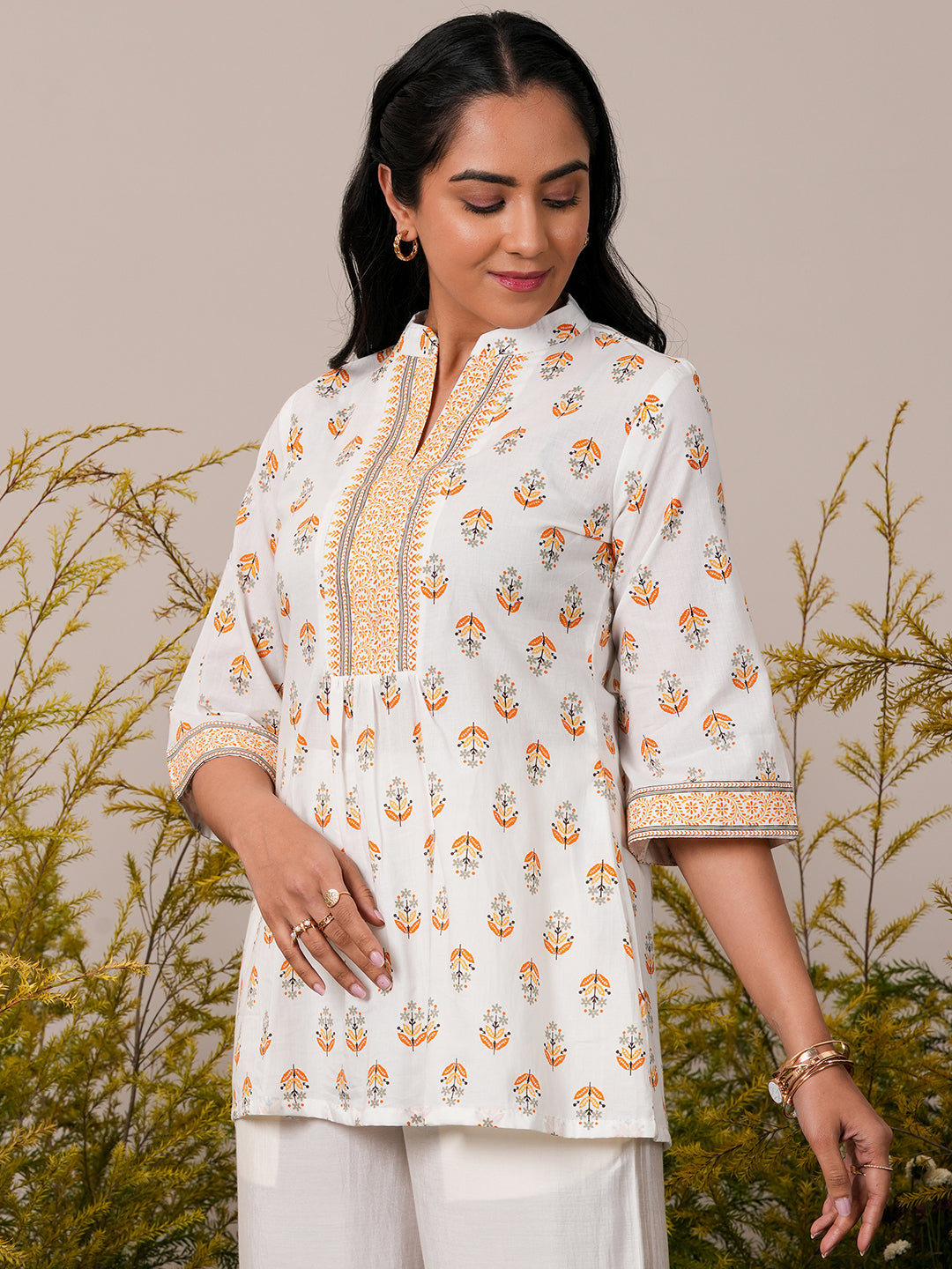 White Printed Cotton Straight Kurti