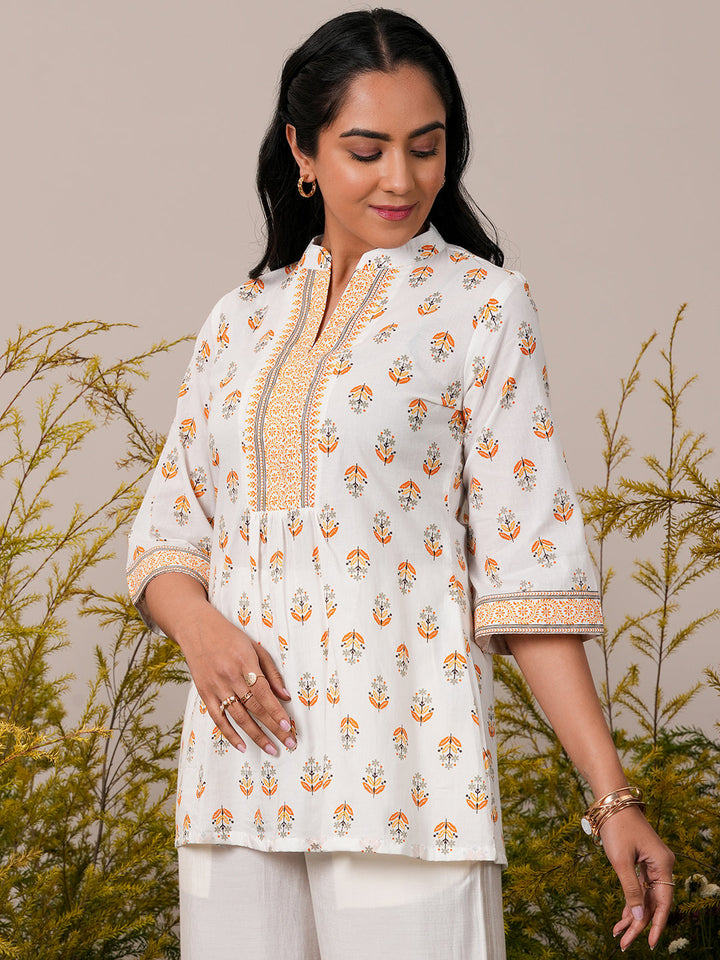 White Printed Cotton Straight Kurti - ShopLibas