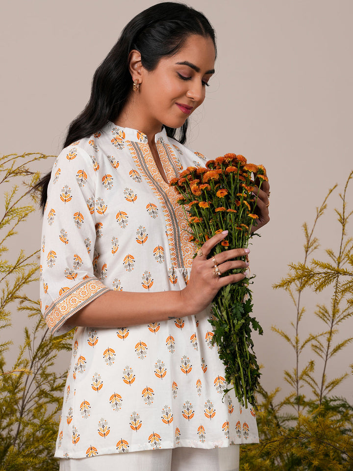 White Printed Cotton Straight Kurti - ShopLibas