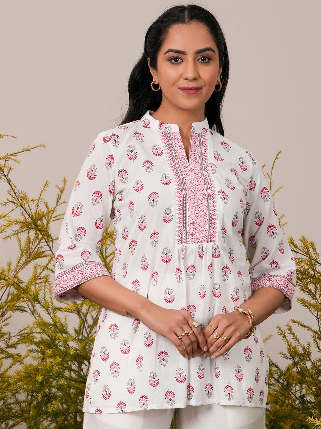 White Printed Cotton Straight Kurti