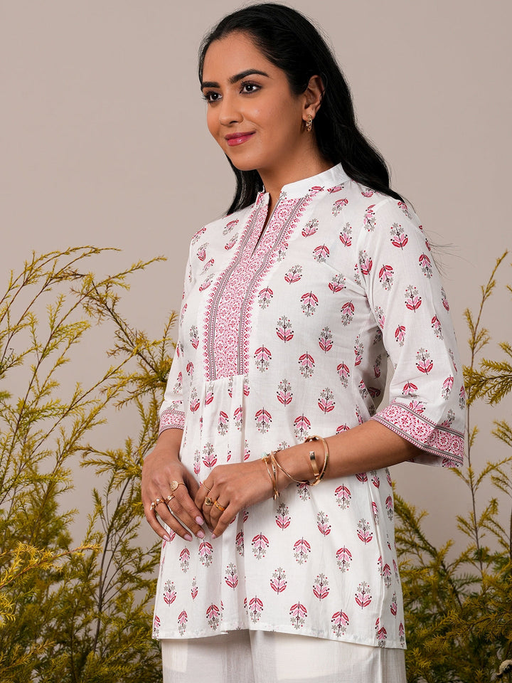 White Printed Cotton Straight Kurti - ShopLibas