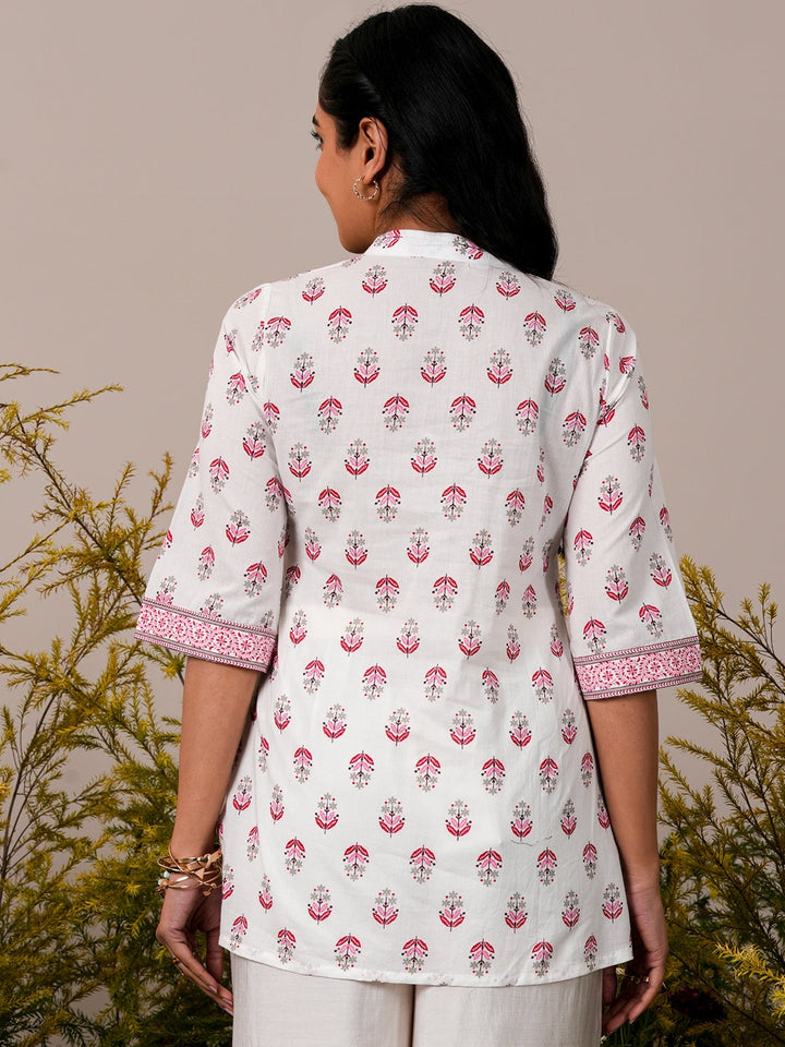 White Printed Cotton Straight Kurti - ShopLibas