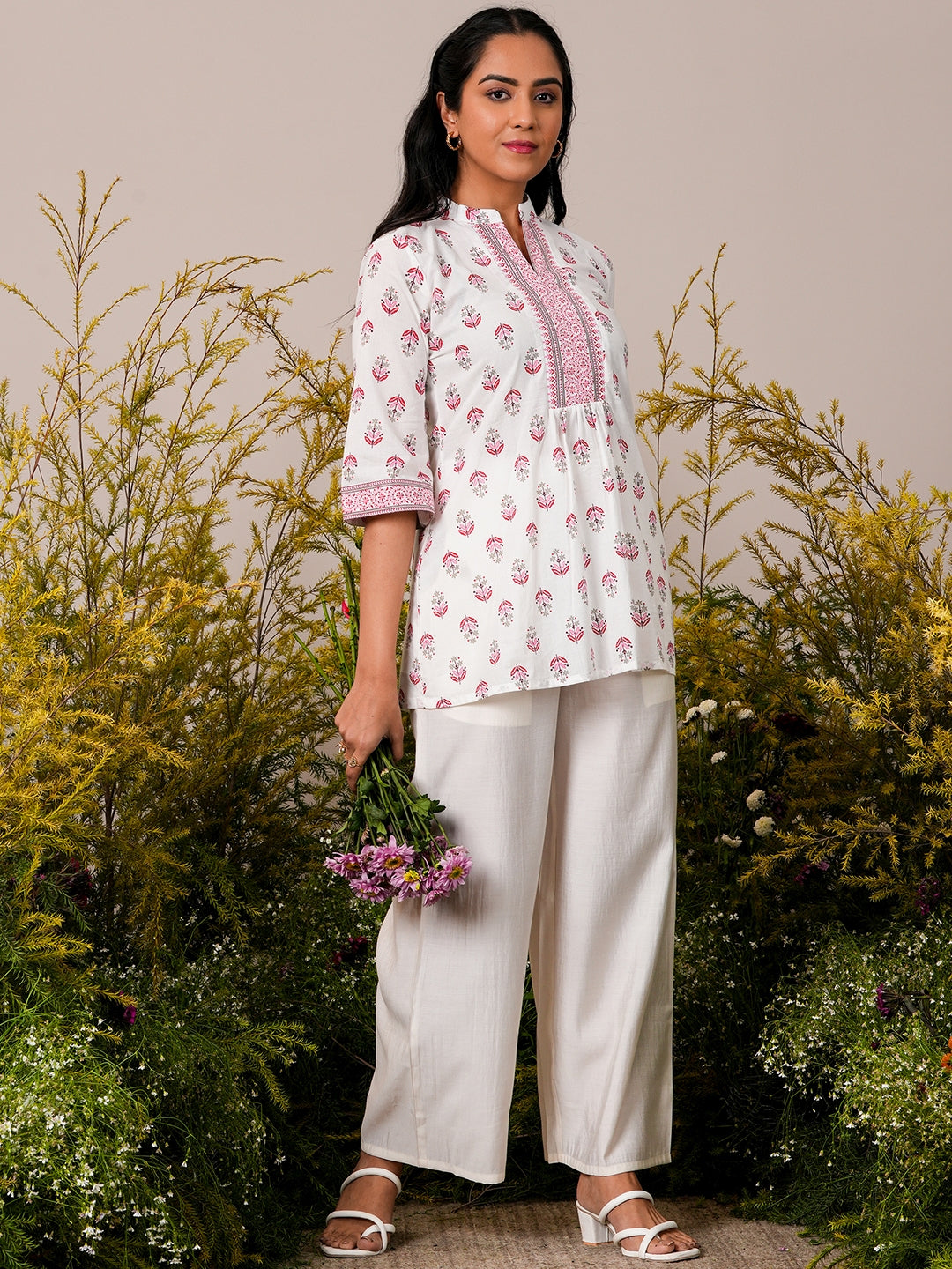 White Printed Cotton Straight Kurti - ShopLibas