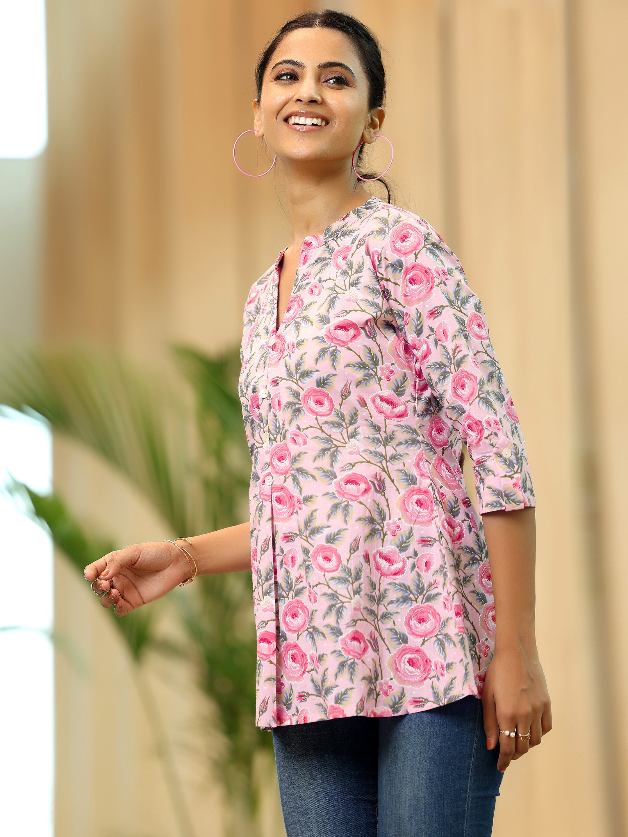 Pink Printed Cotton A-Line Kurti