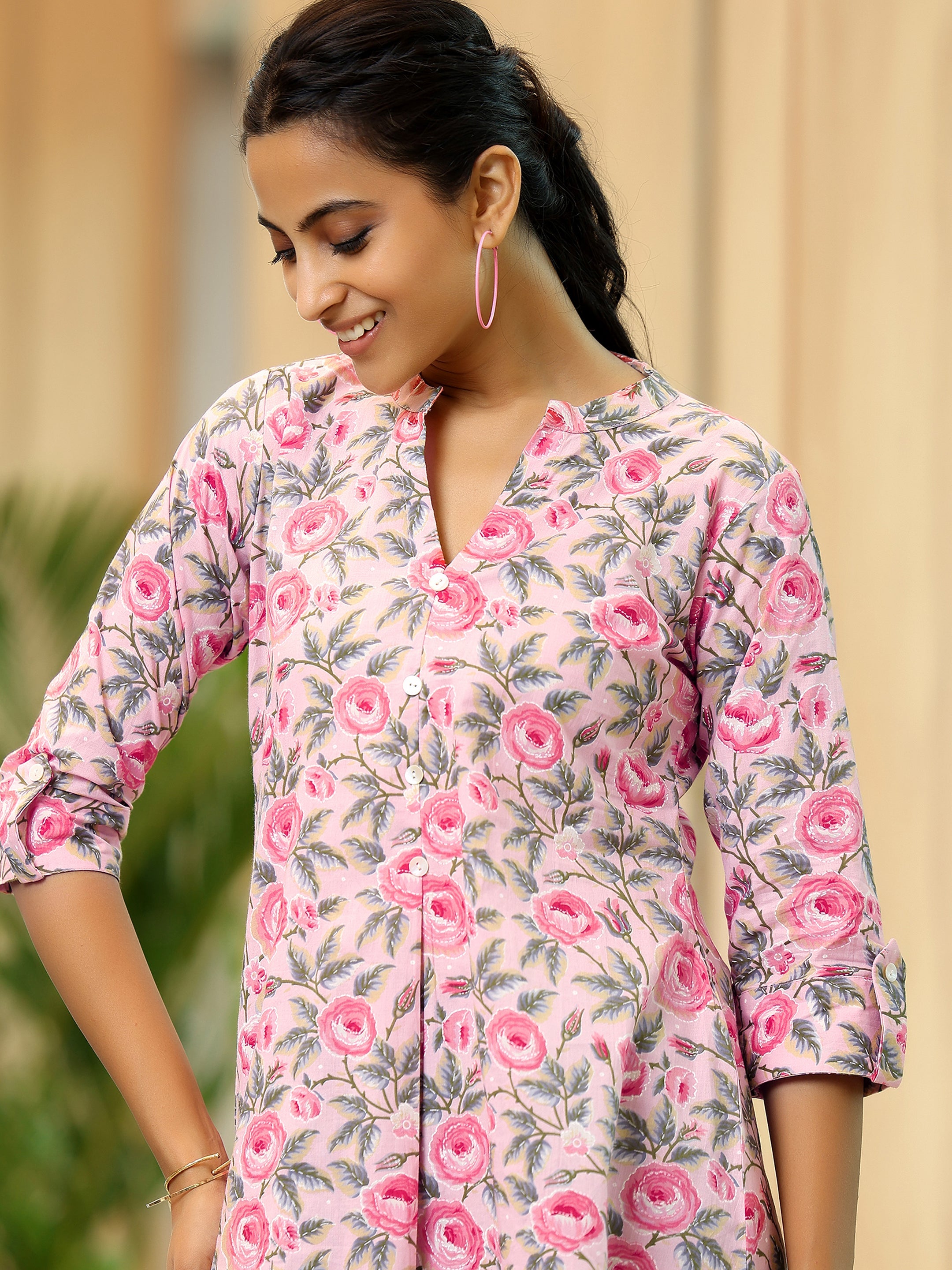 Pink Printed Cotton A-Line Kurti