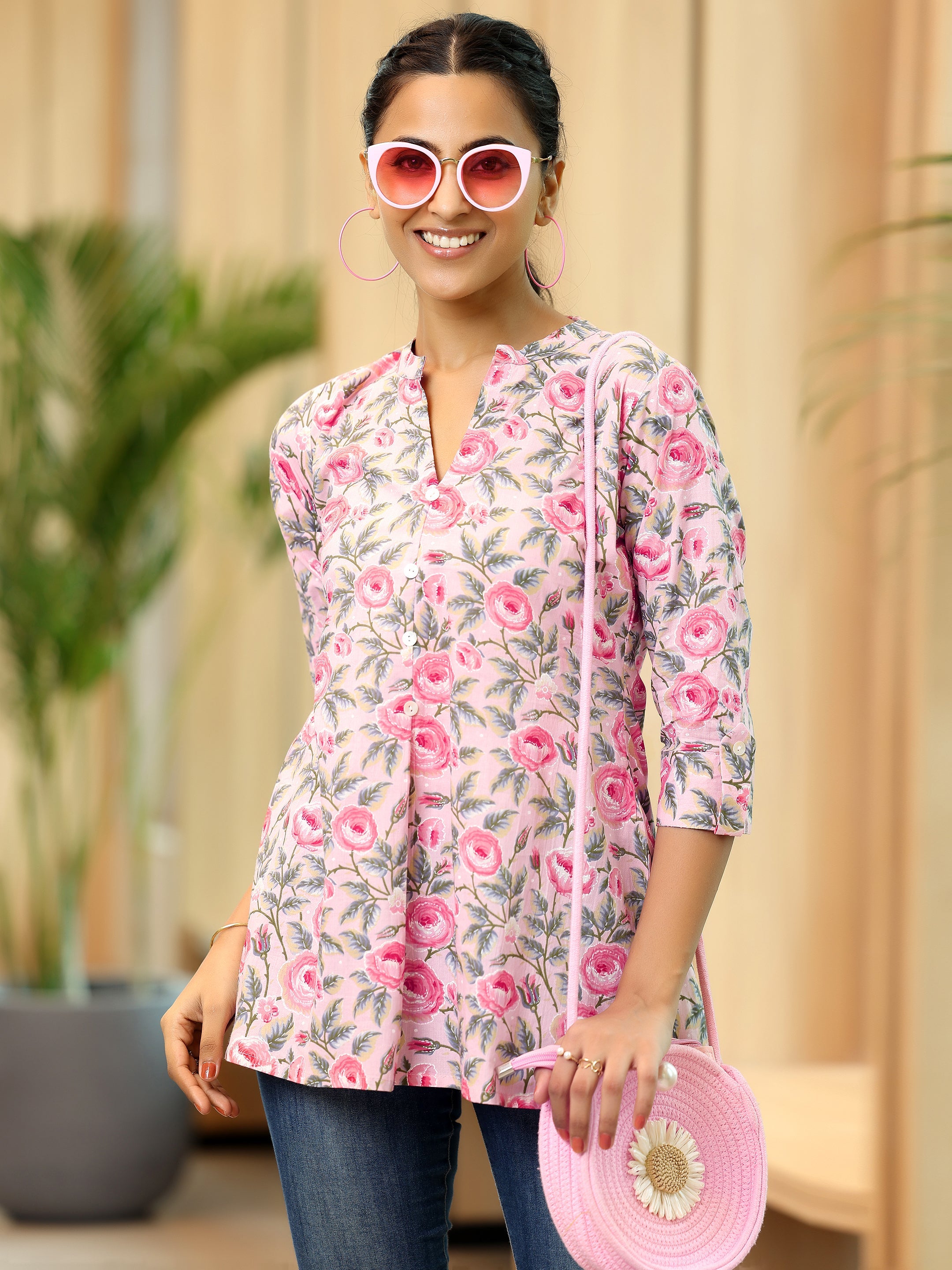 Pink Printed Cotton A-Line Kurti