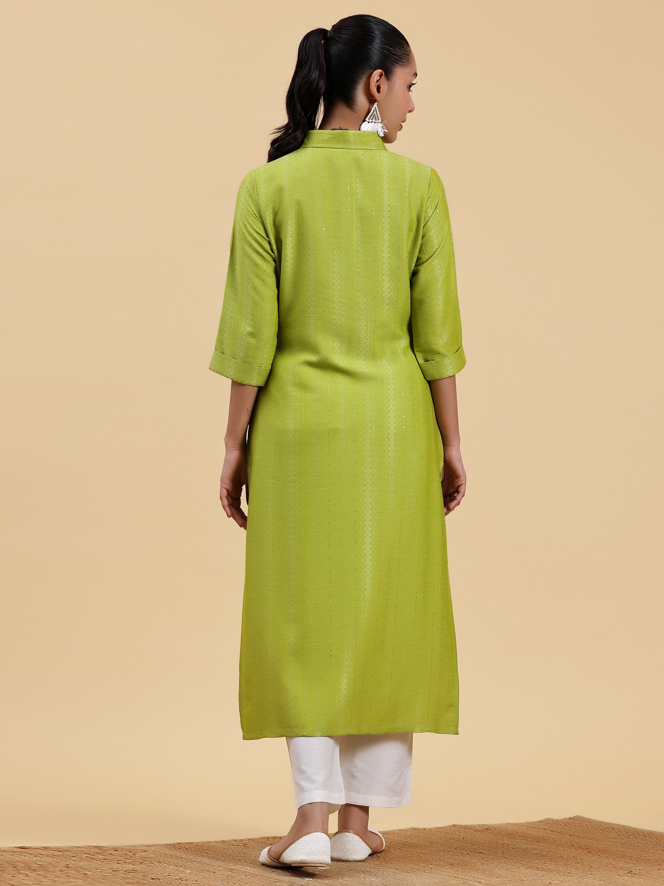 Green Woven Design Cotton Straight Kurta