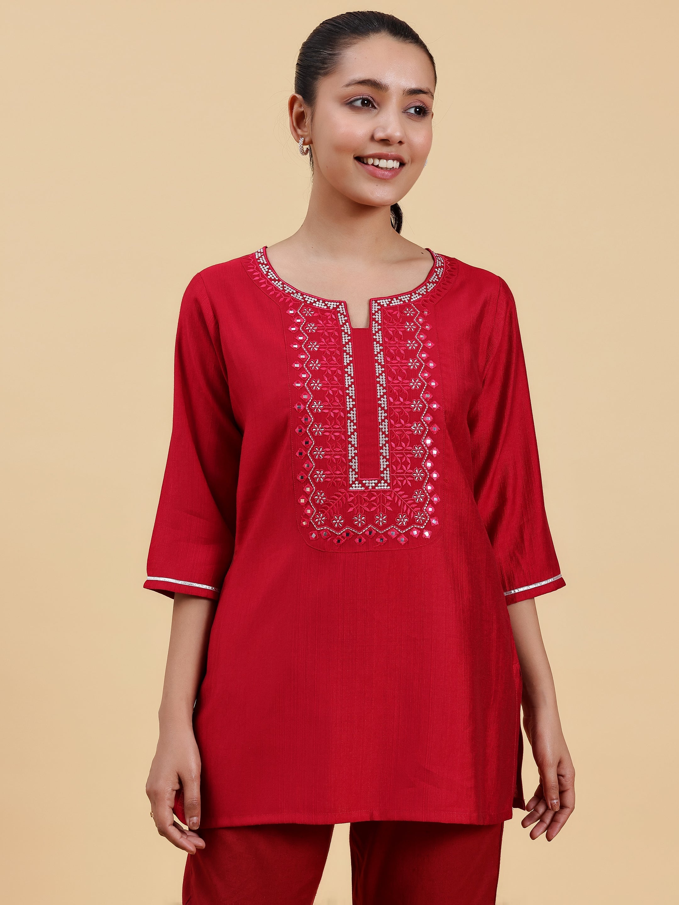 Hot Pink Yoke Design Silk Blend Straight Kurti