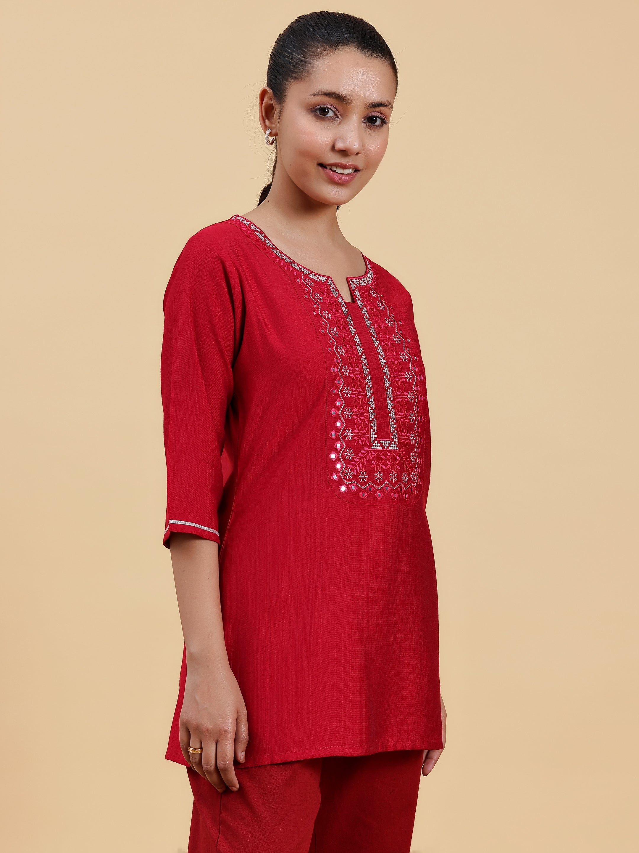 Hot Pink Yoke Design Silk Blend Straight Kurti