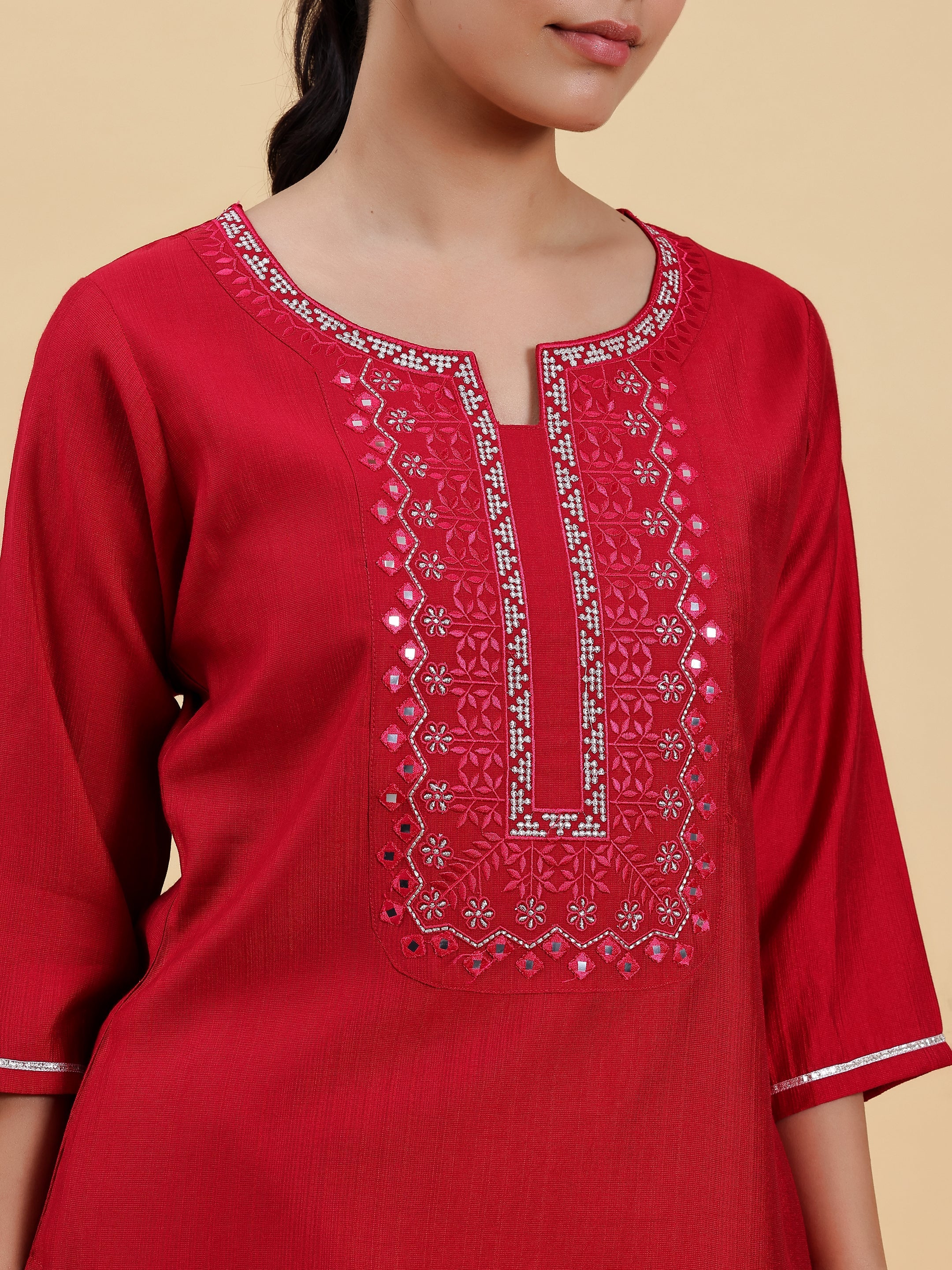 Hot Pink Yoke Design Silk Blend Straight Kurti