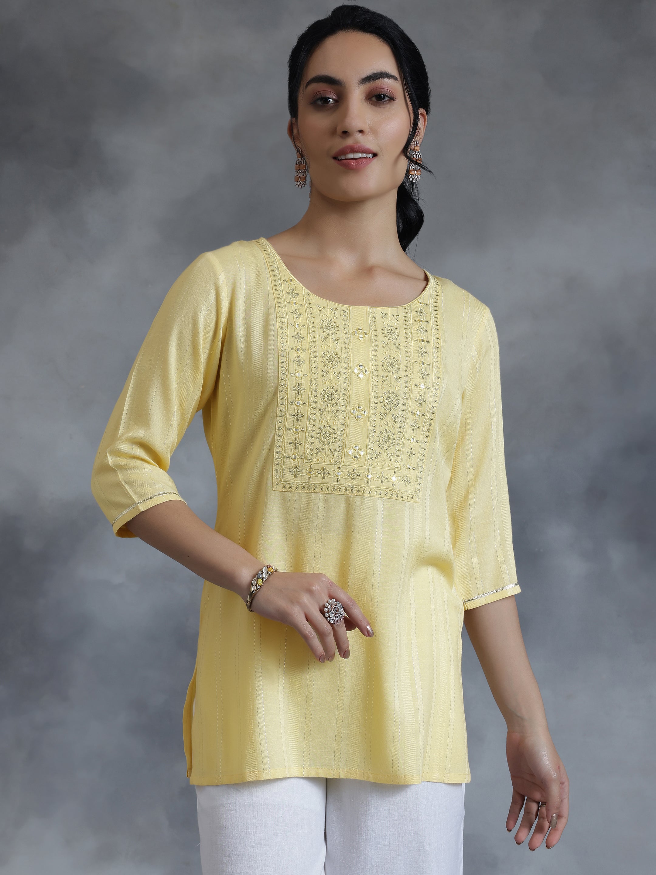 Yellow Woven Design Rayon Straight Kurti