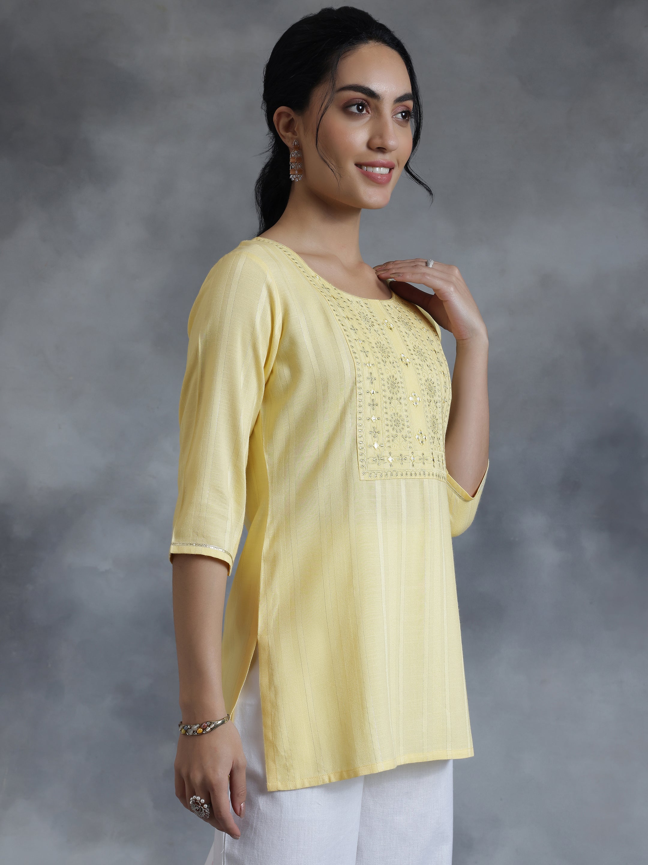 Yellow Woven Design Rayon Straight Kurti