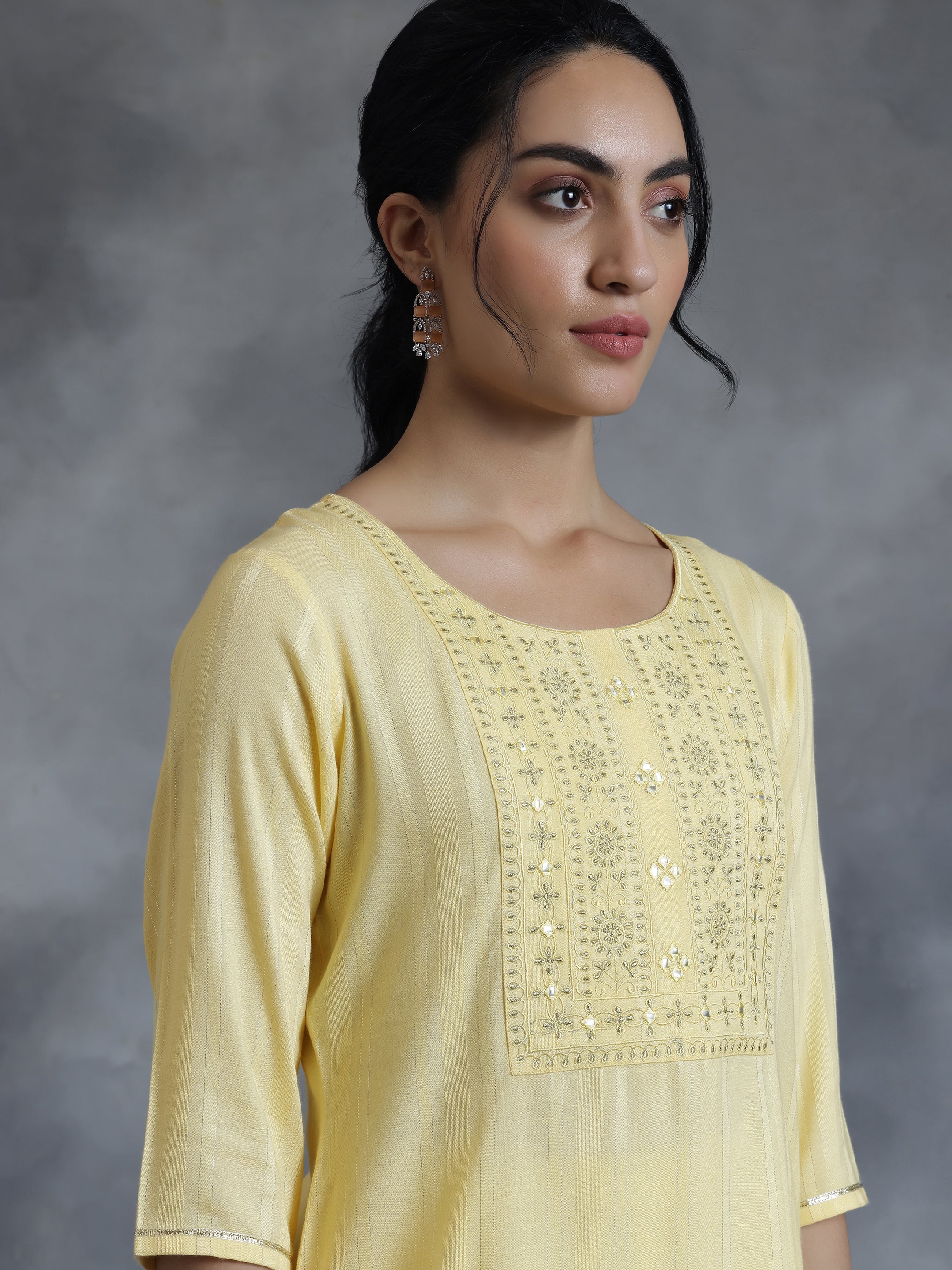 Yellow Woven Design Rayon Straight Kurti