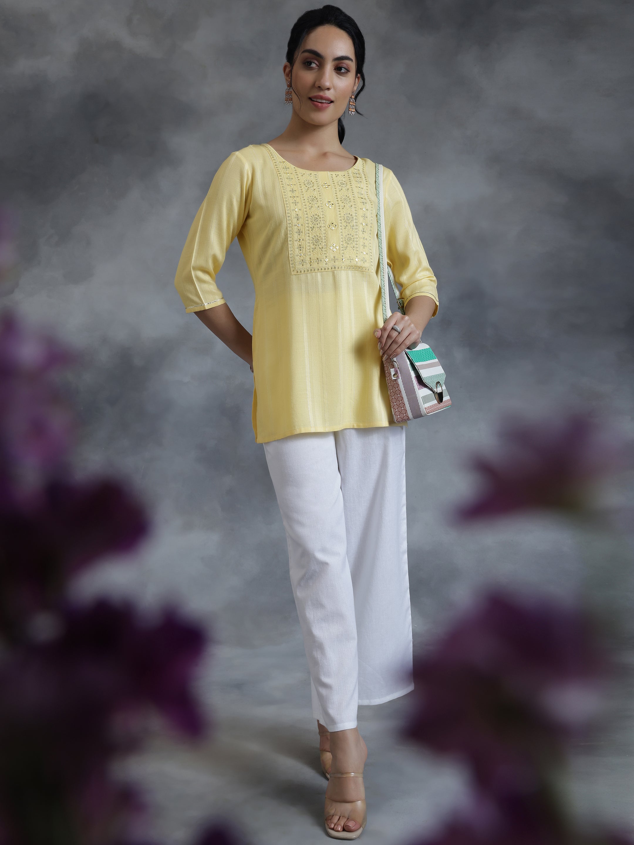 Yellow Woven Design Rayon Straight Kurti