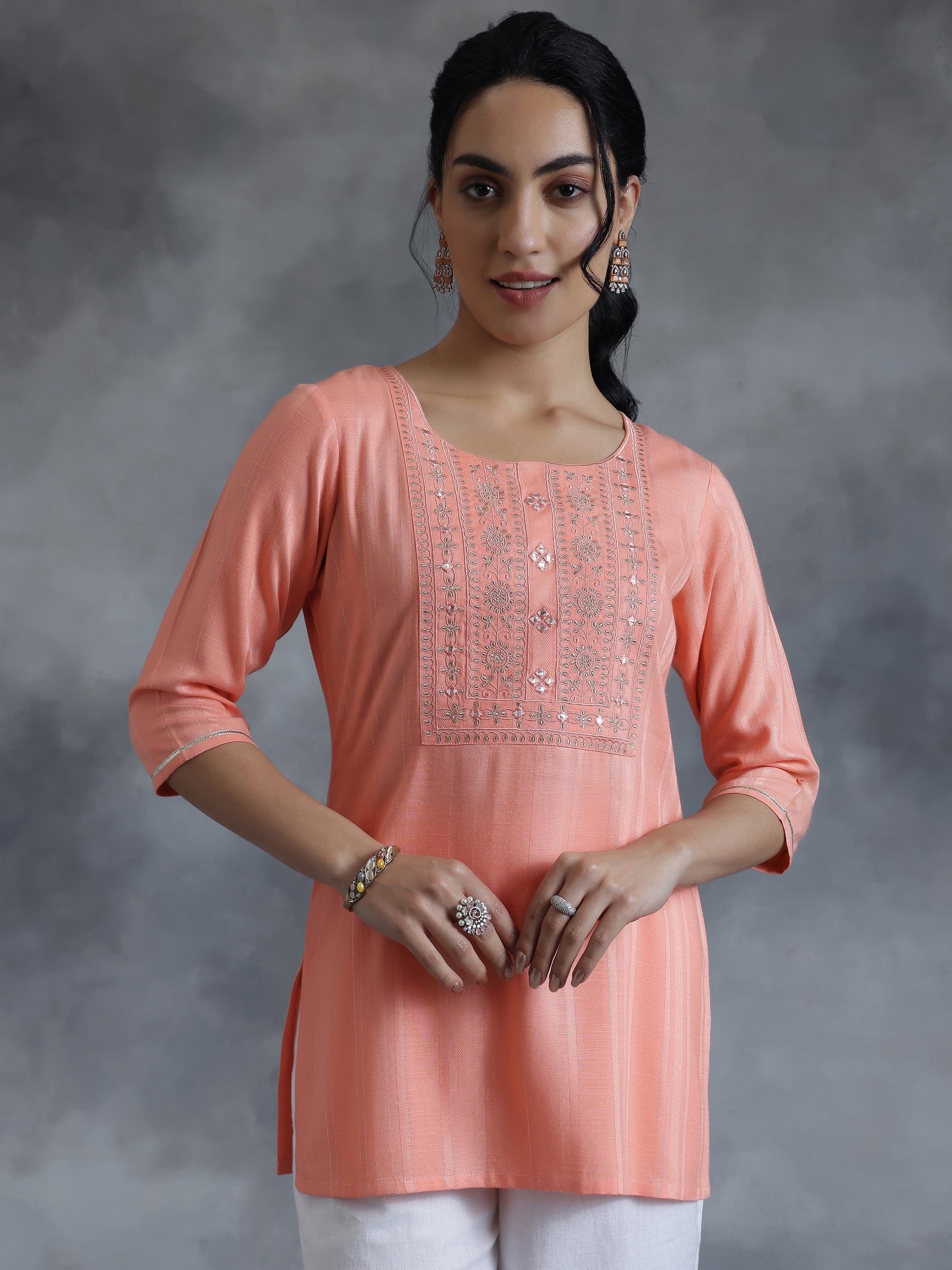 Peach Woven Design Rayon Straight Kurti