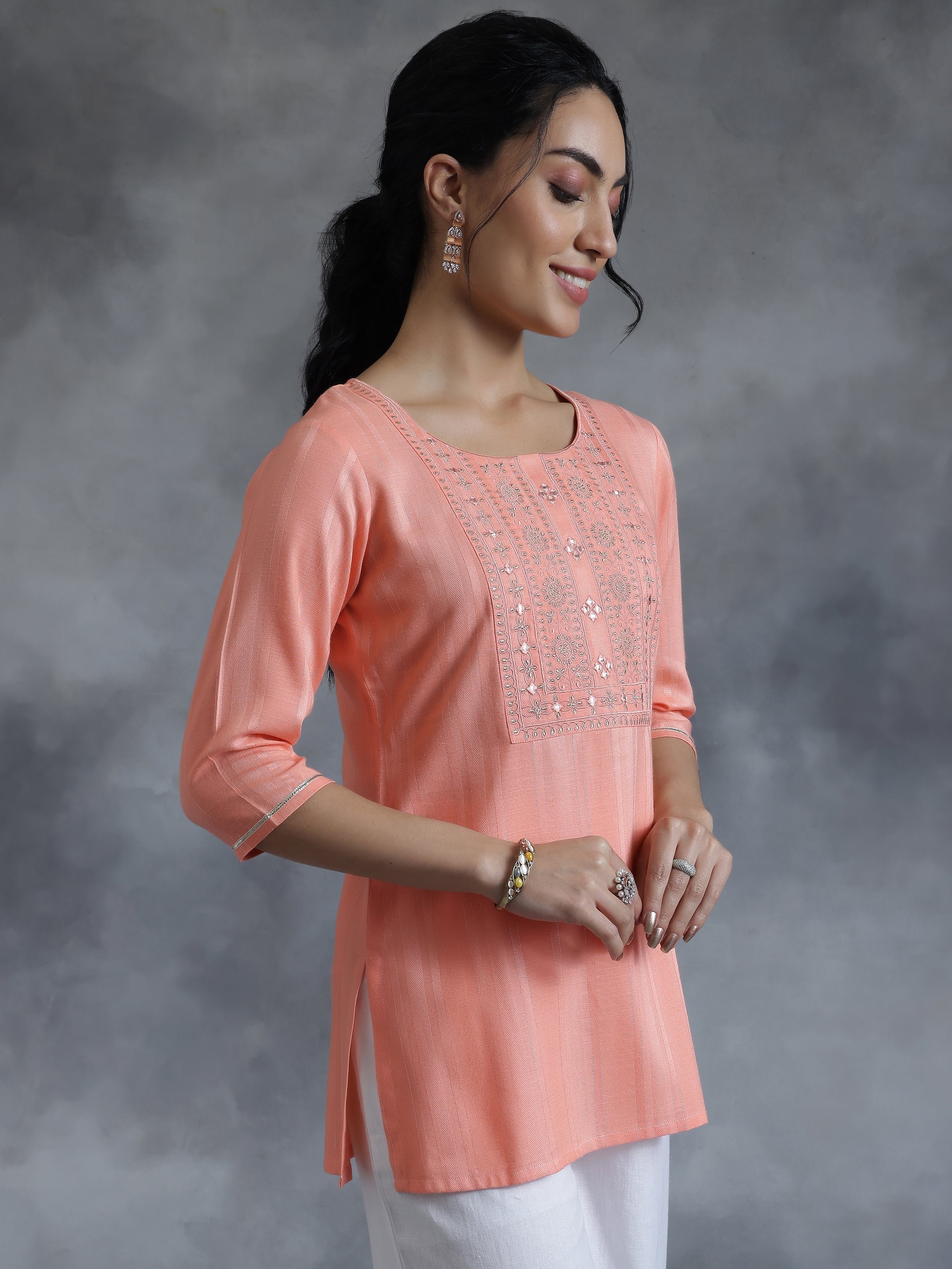 Peach Woven Design Rayon Straight Kurti